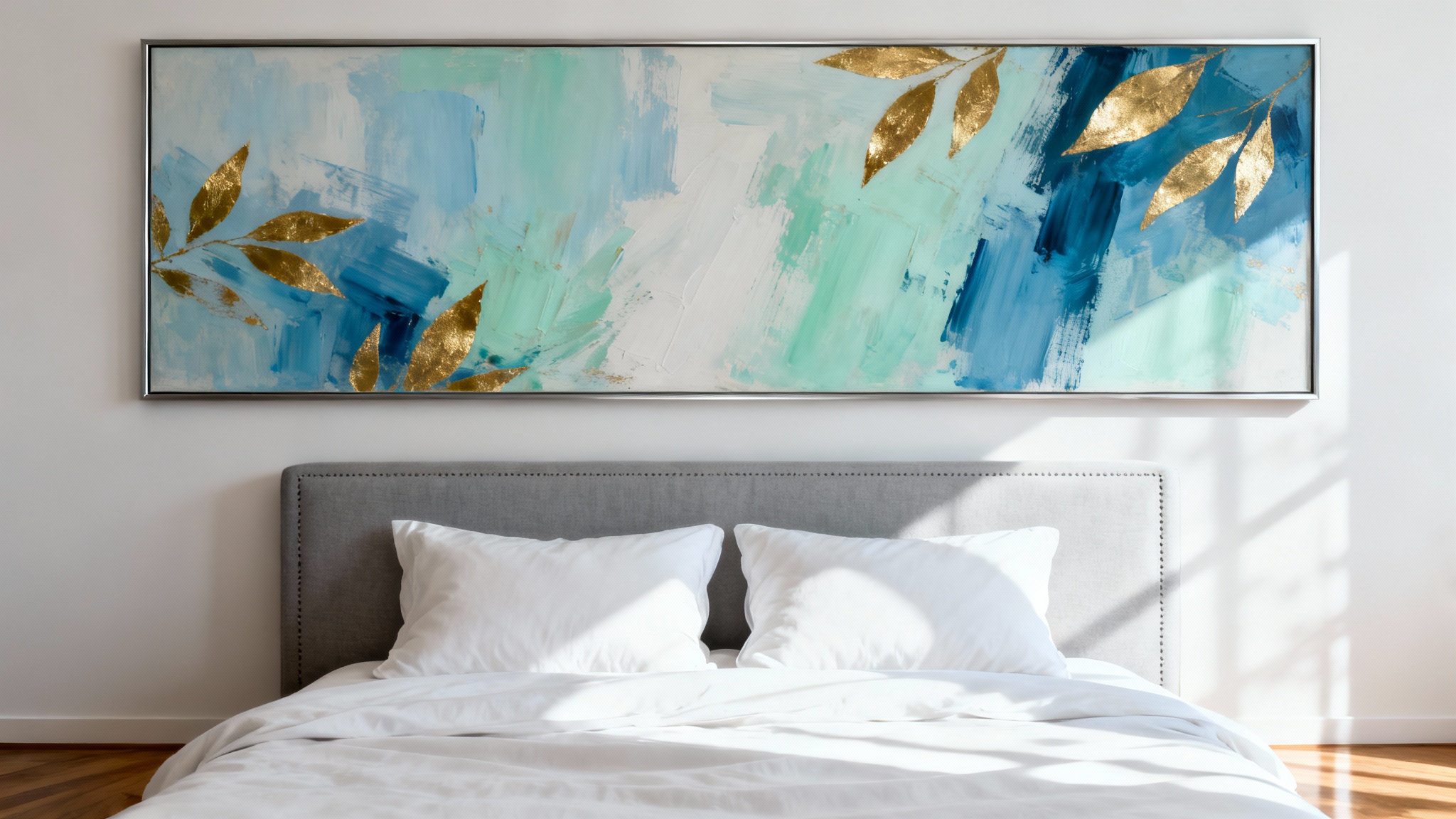 A large horizontal abstract painting with blue, green, and gold tones hanging on a white wall above a neatly made bed with a gray headboard.