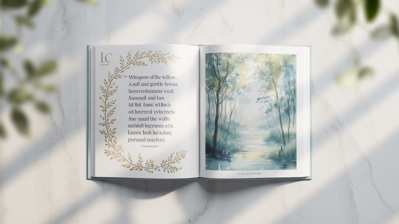 An open poetry book lies flat, showcasing a professional layout. The left page has a poem with elegant text and gold botanical illustrations; the right page features a full-page watercolor forest scene.
