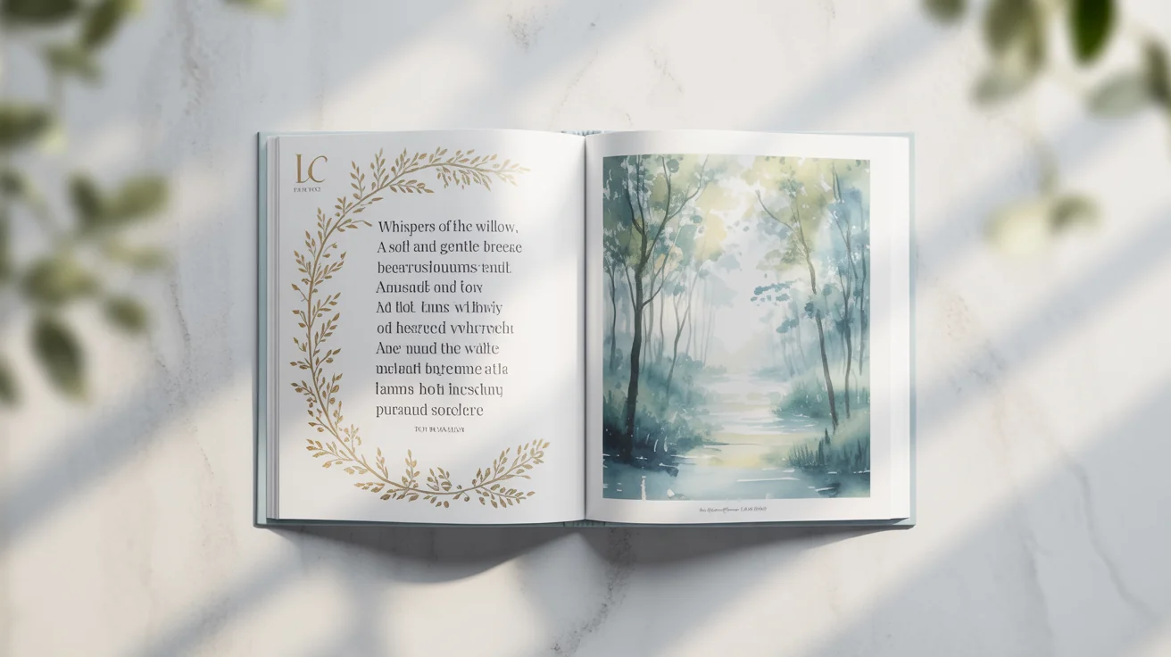 An open poetry book lies flat, showcasing a professional layout. The left page has a poem with elegant text and gold botanical illustrations; the right page features a full-page watercolor forest scene.