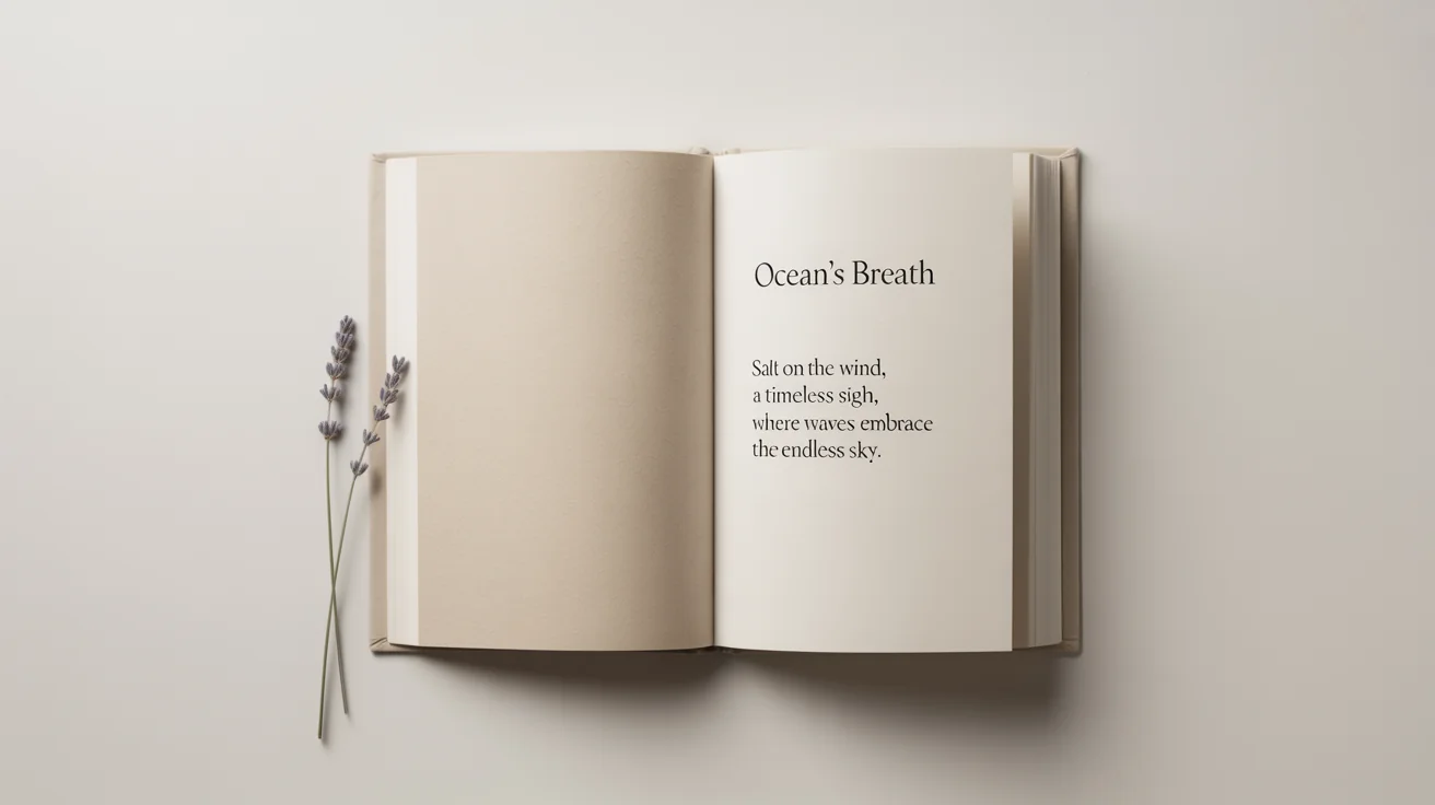 A photorealistic mockup of an open poetry book on a white surface, showcasing an elegant page layout with a poem titled 'Ocean's Breath' on the right page.