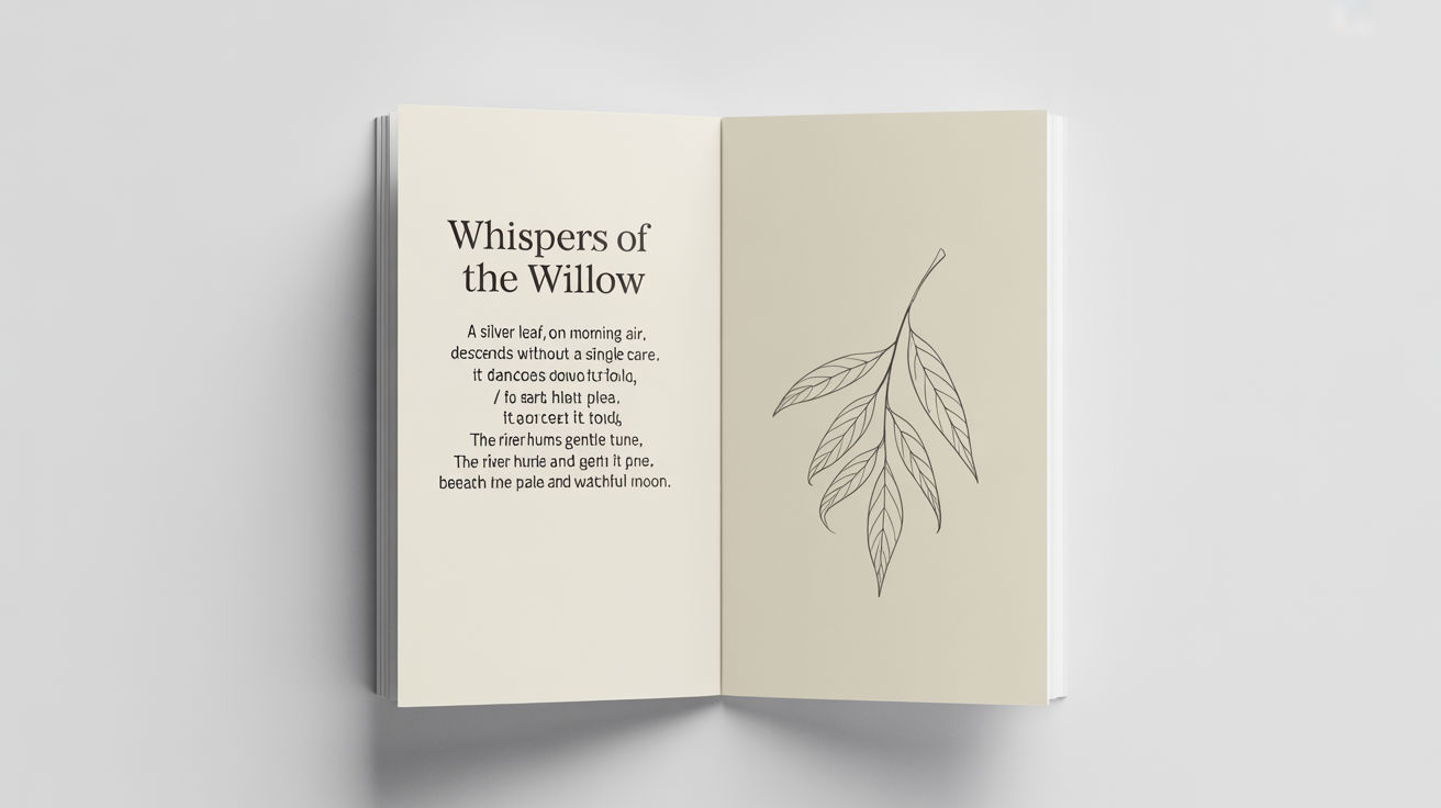 A mockup of a professionally designed page from a poetry book on a white background. The page features the title 'Whispers of the Willow' and a six-line poem, with a minimalist drawing of a leaf in the corner.