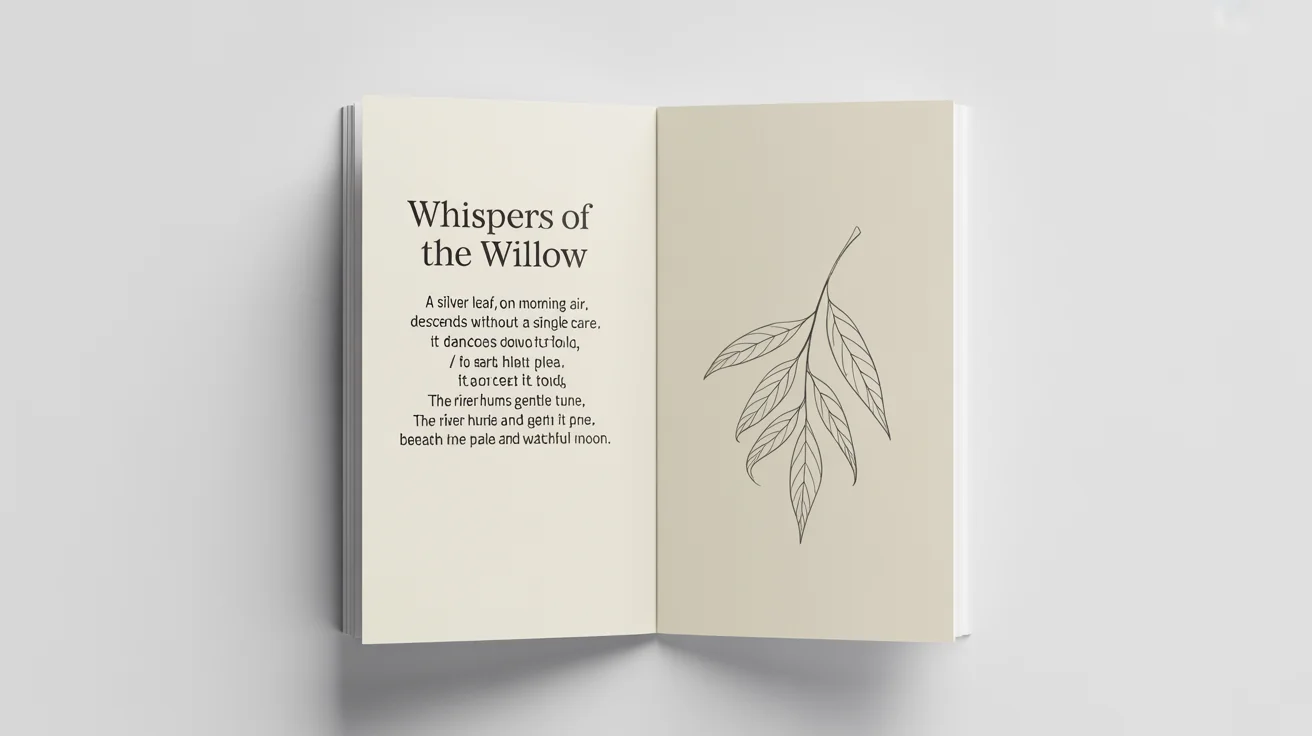 A mockup of a professionally designed page from a poetry book on a white background. The page features the title 'Whispers of the Willow' and a six-line poem, with a minimalist drawing of a leaf in the corner.