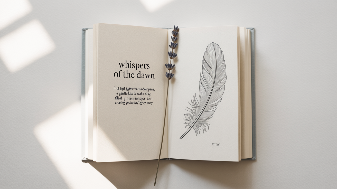 A photorealistic mockup of an open poetry book on a white background, showing a poem titled 'Whispers of the Dawn' on the left and a minimalist line drawing of a feather on the right.