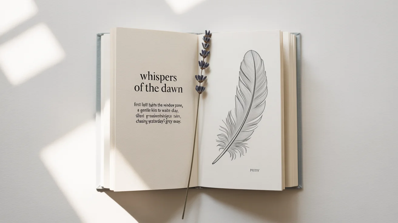 A photorealistic mockup of an open poetry book on a white background, showing a poem titled 'Whispers of the Dawn' on the left and a minimalist line drawing of a feather on the right.