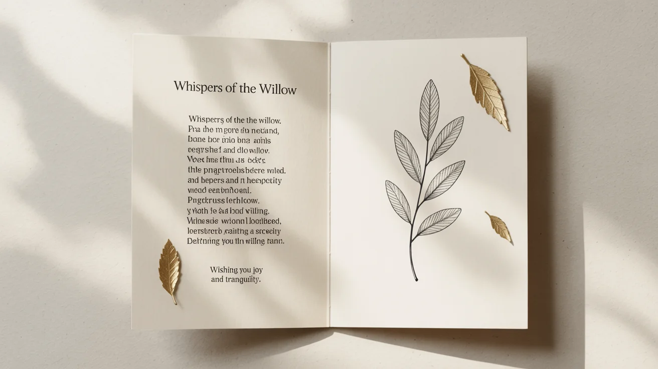 An open poetry book showing a page layout with a poem titled 'Whispers of the Willow' on the left and a minimalist line drawing of a leaf on the right.