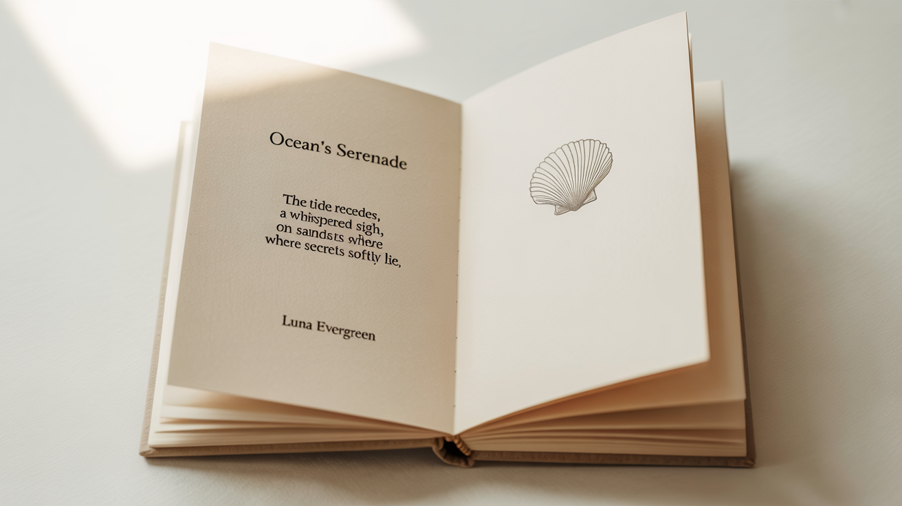 A mockup of an open poetry book with a beautiful page layout. The left page has a poem titled 'Ocean's Serenade', and the right page has a minimalist drawing of a seashell, all on a clean white background.