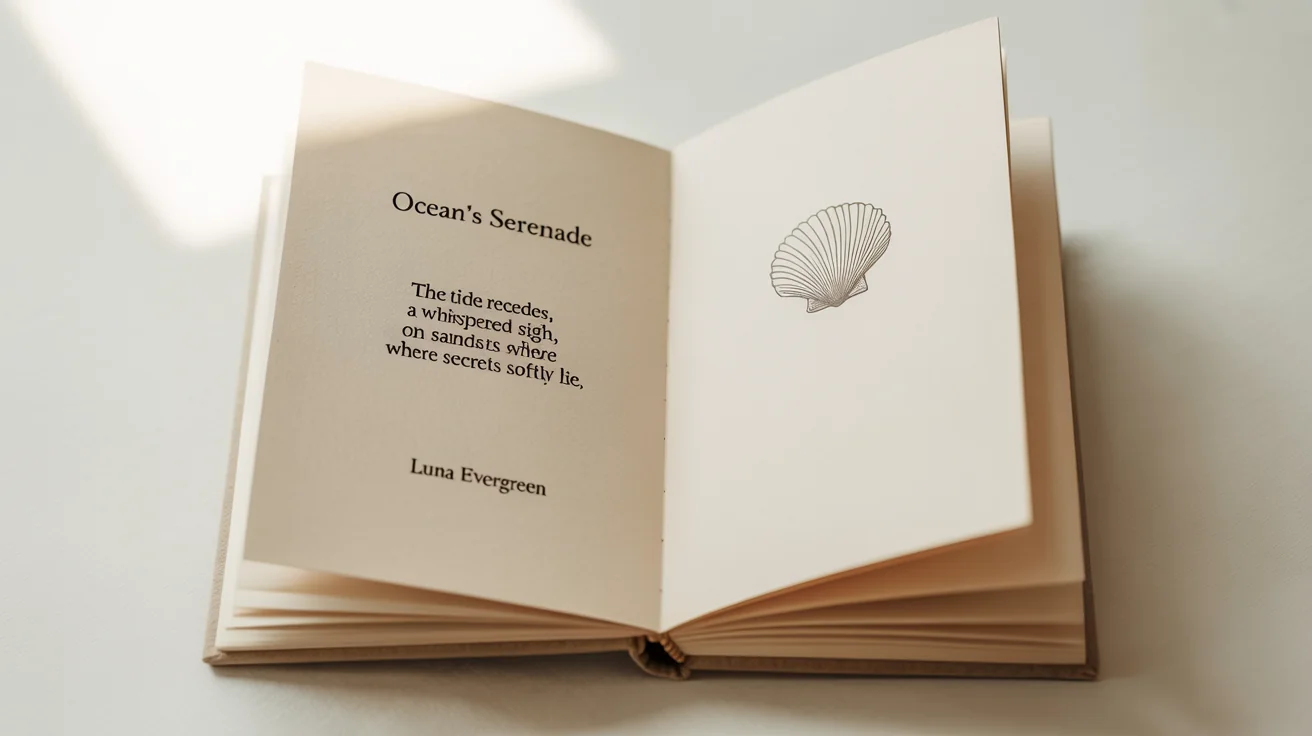 A mockup of an open poetry book with a beautiful page layout. The left page has a poem titled 'Ocean's Serenade', and the right page has a minimalist drawing of a seashell, all on a clean white background.