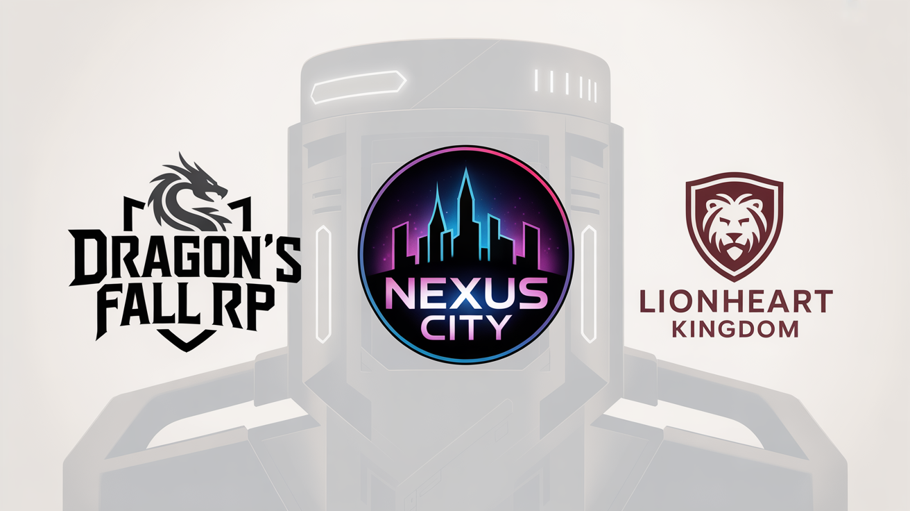 A hero image showcasing three different professionally designed logos for role-playing (RP) servers. The logos are in a modern, esports style and feature a dragon, a neon city, and a lion emblem, demonstrating final design outputs.