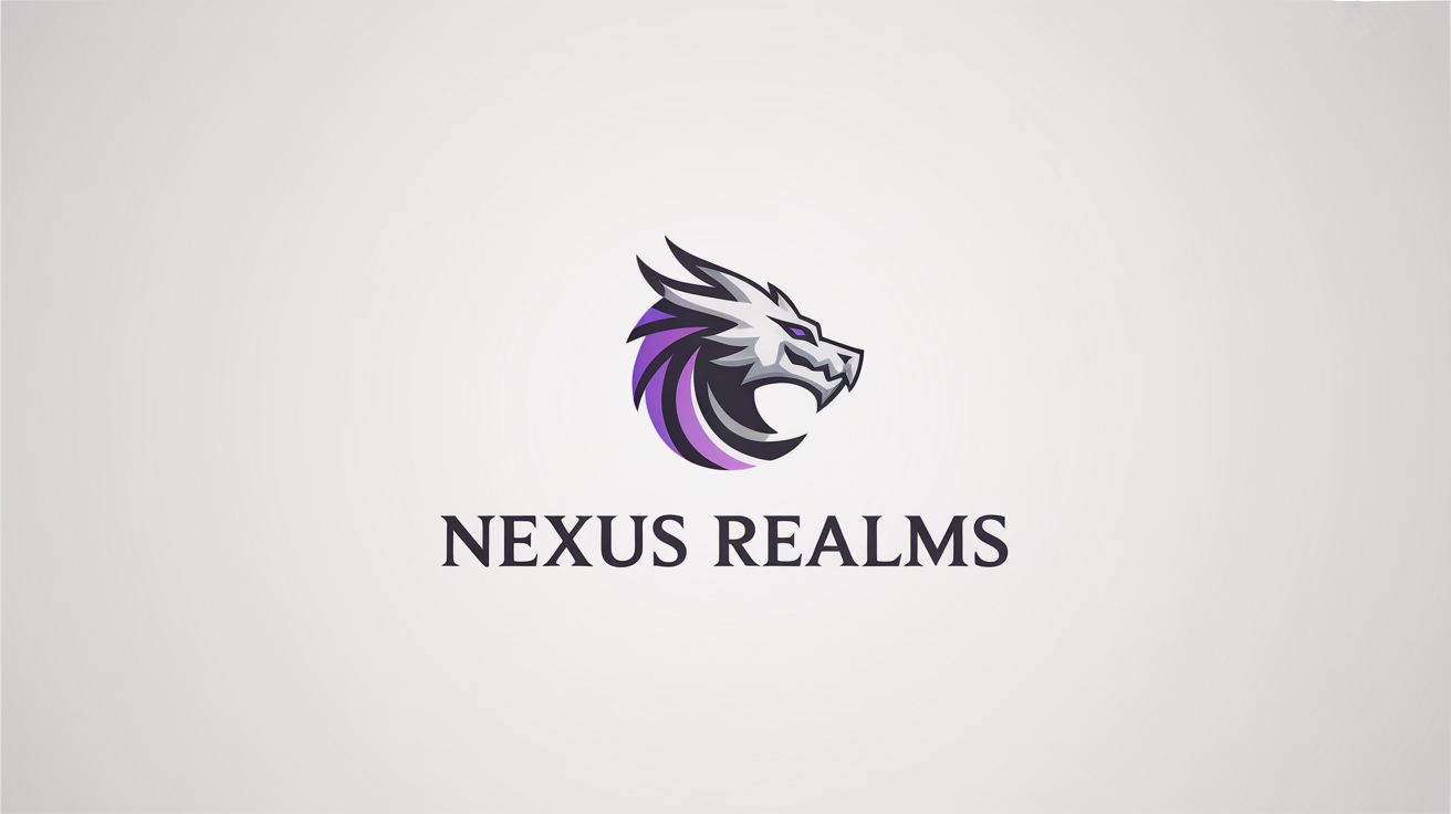 A modern logo for a fantasy RP server named 'Nexus Realms', featuring a geometric purple and silver dragon head emblem above the server name on a white background.