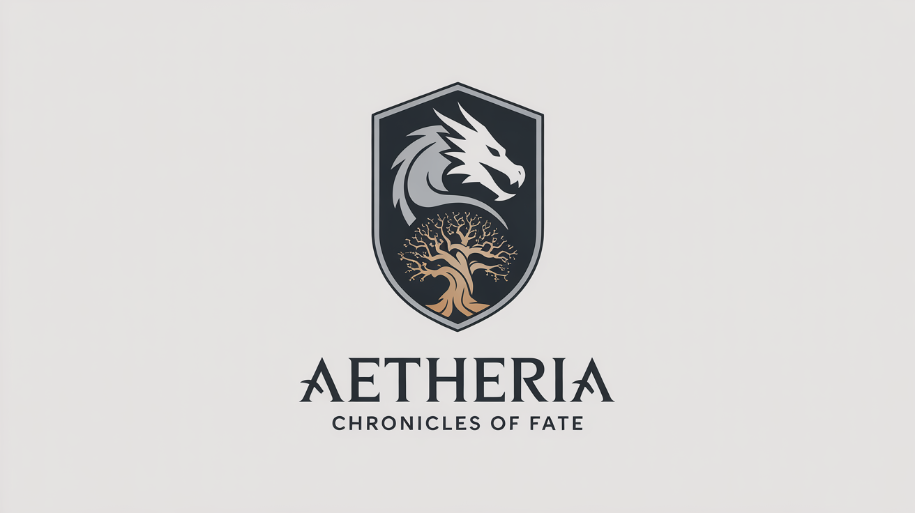 A professional mockup of a fantasy role-playing server logo. The logo is a shield featuring a silver dragon and a golden tree, with the text 'AETHERIA' and 'CHRONICLES OF FATE' on a white background.