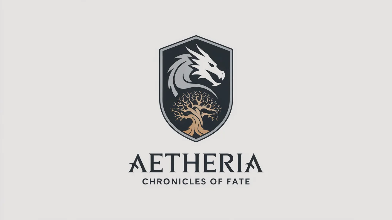 A professional mockup of a fantasy role-playing server logo. The logo is a shield featuring a silver dragon and a golden tree, with the text 'AETHERIA' and 'CHRONICLES OF FATE' on a white background.