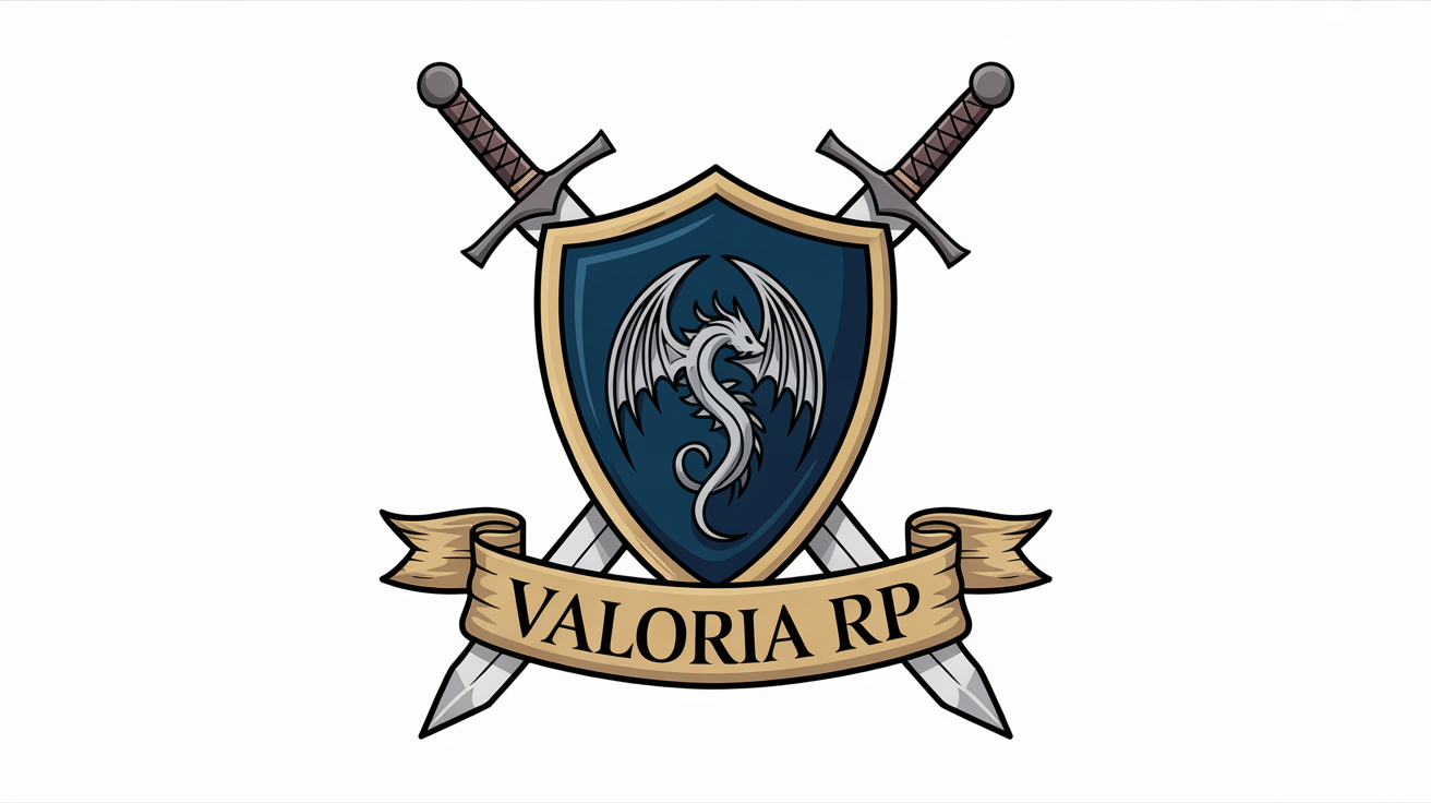A professionally designed logo for a fantasy role-playing server named 'Valoria RP', featuring a dragon on a navy blue shield with crossed swords behind it.