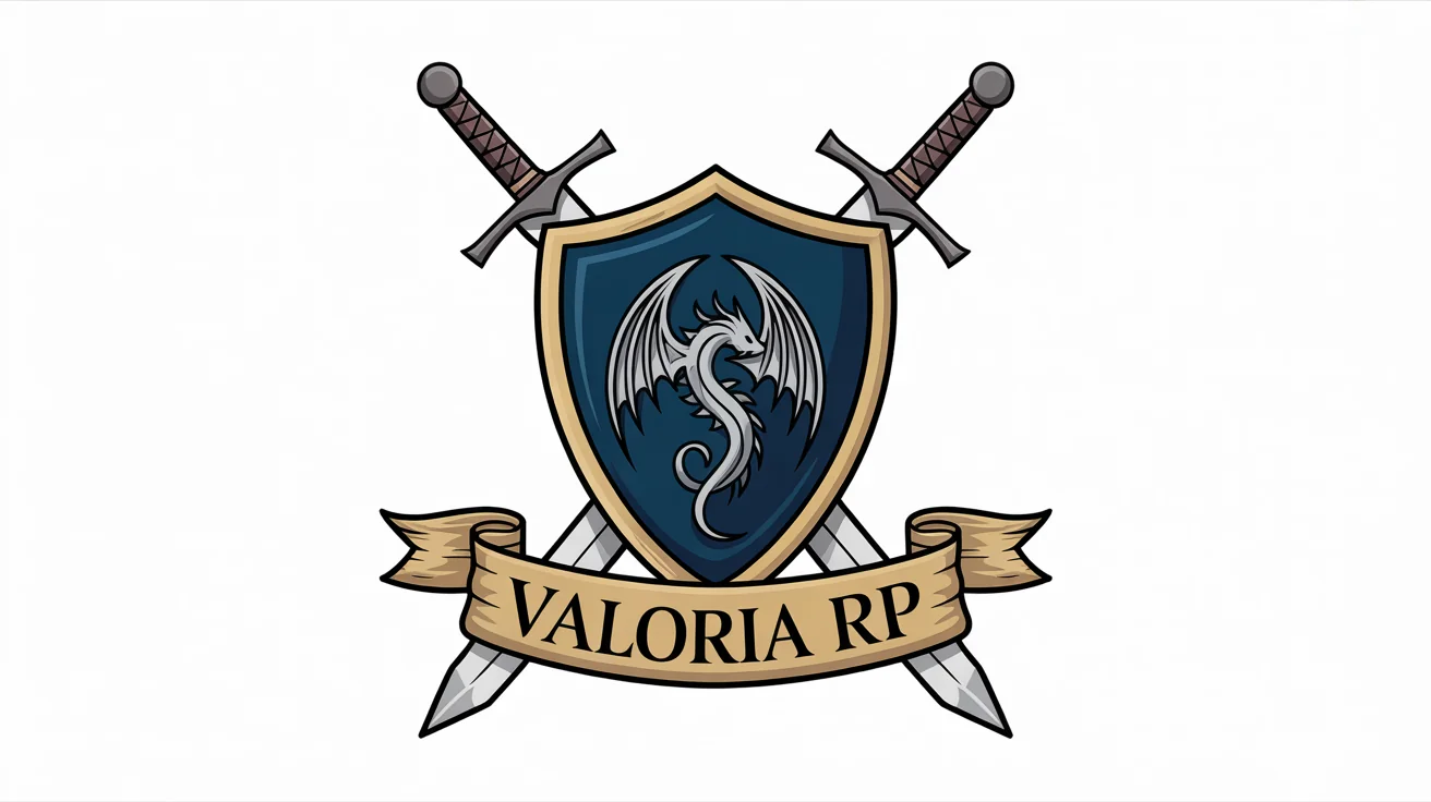A professionally designed logo for a fantasy role-playing server named 'Valoria RP', featuring a dragon on a navy blue shield with crossed swords behind it.