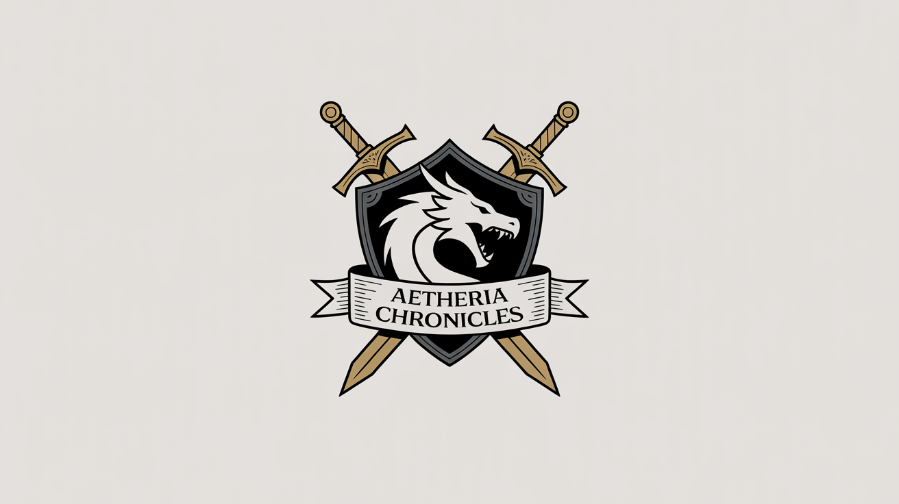 A professionally designed logo for a fantasy role-playing server named 'Aetheria Chronicles', featuring a silver dragon head on a shield with golden swords, all on a white background.