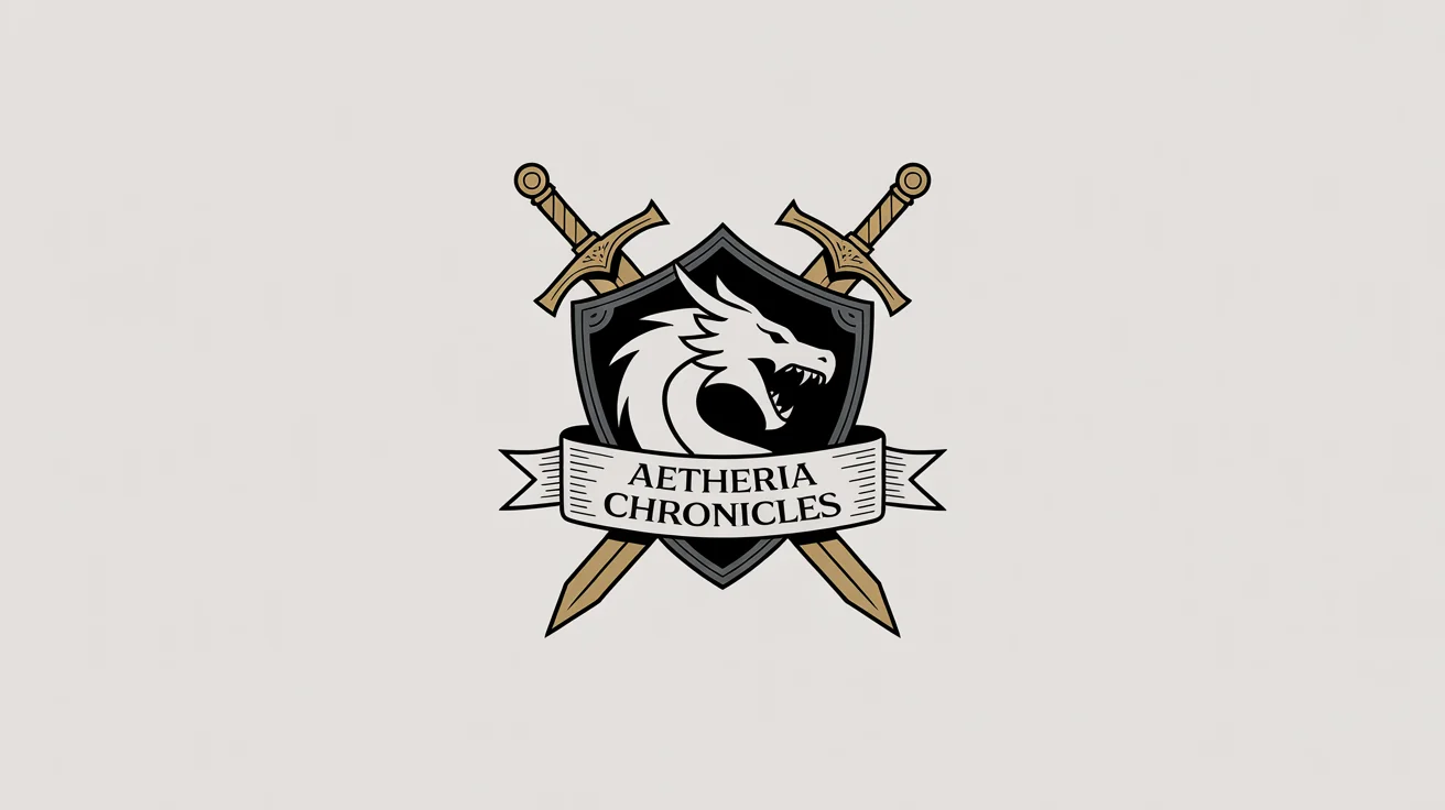 A professionally designed logo for a fantasy role-playing server named 'Aetheria Chronicles', featuring a silver dragon head on a shield with golden swords, all on a white background.