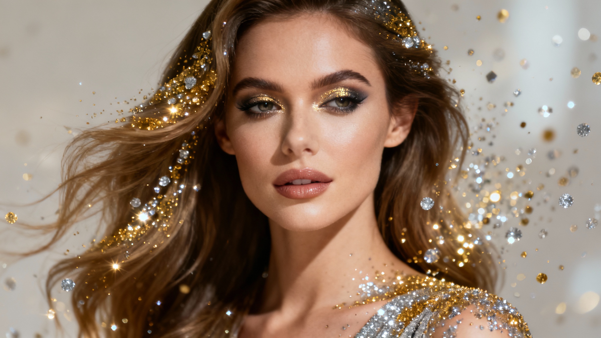 A glamorous close-up photo of a woman with a beautiful glitter effect applied. Gold and silver sparkles cascade over her hair and shoulders, creating a magical, high-fashion look.