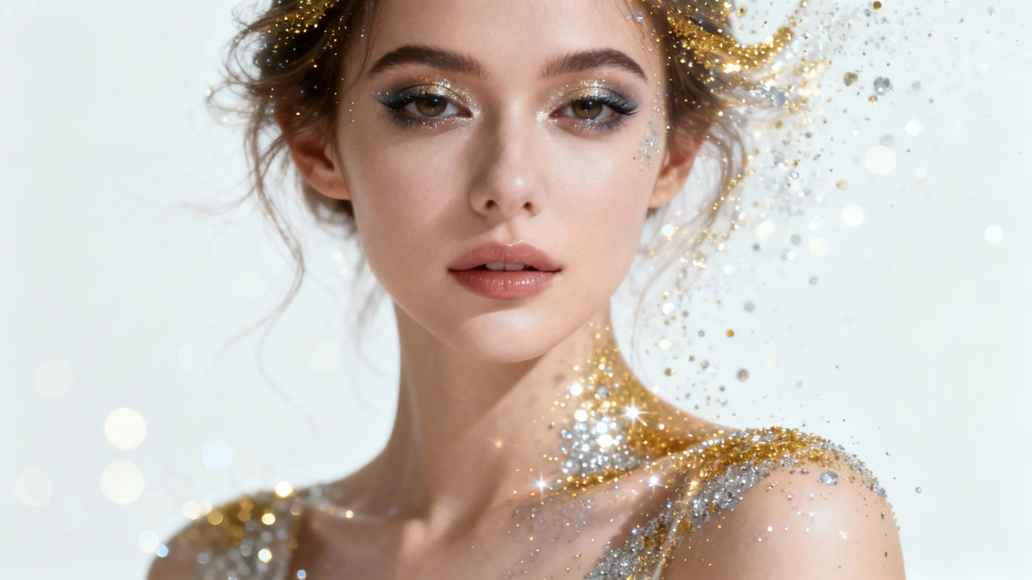 A close-up studio portrait of a woman with an elegant, sparkling glitter photo effect overlaid on the image, set against a plain white background.