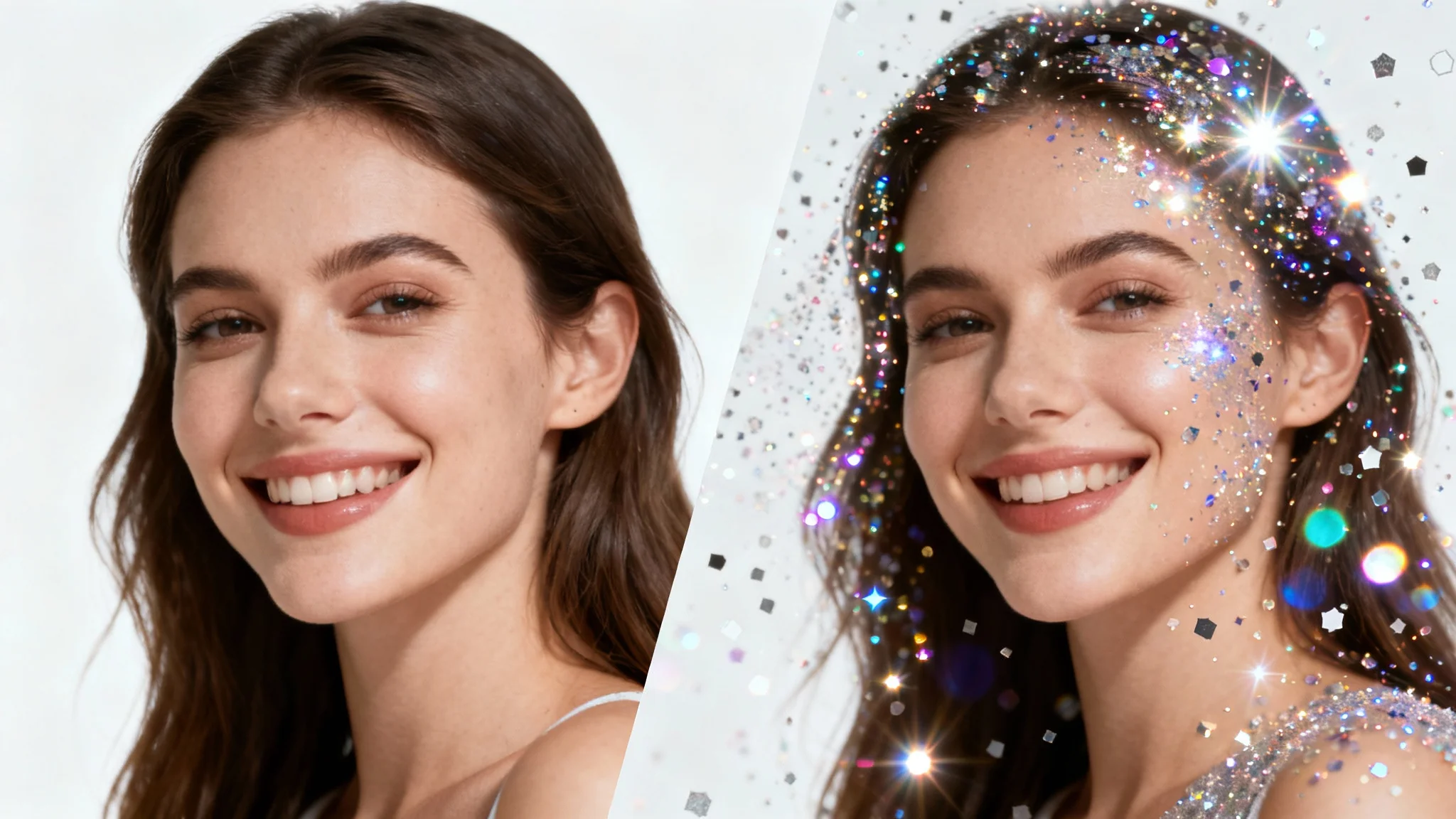 A split-image demonstrating a glitter photo effect: one half is a standard portrait of a woman, the other half shows the same portrait with sparkling holographic glitter applied to her hair and face.