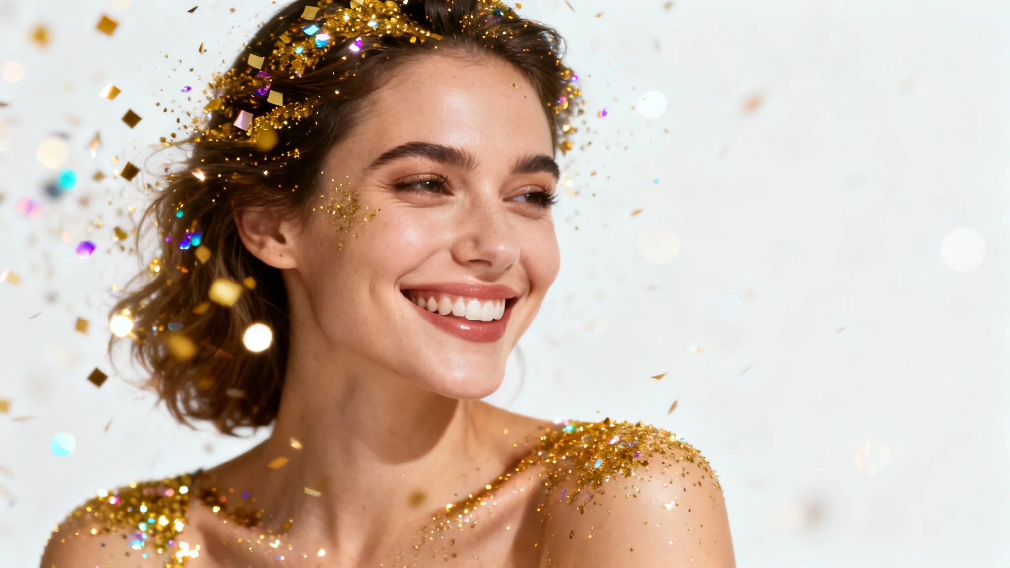 A close-up portrait of a smiling woman, with a sparkling gold glitter effect applied over the photo, showcased against a plain white background.