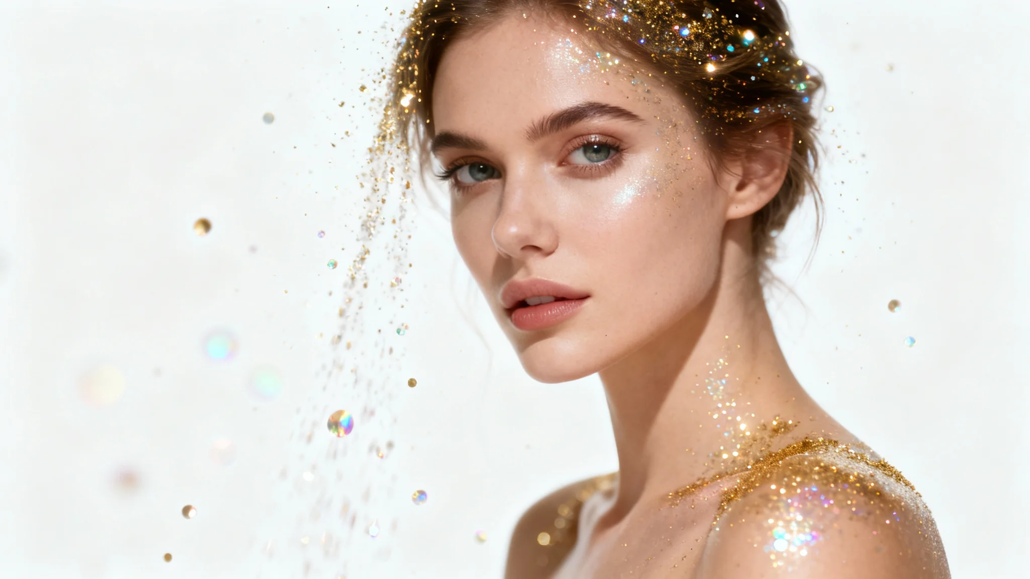 A glamorous portrait of a woman with a sparkling glitter effect applied, showing gold and holographic particles shimmering over her and the background, presented as a mockup on a white background.