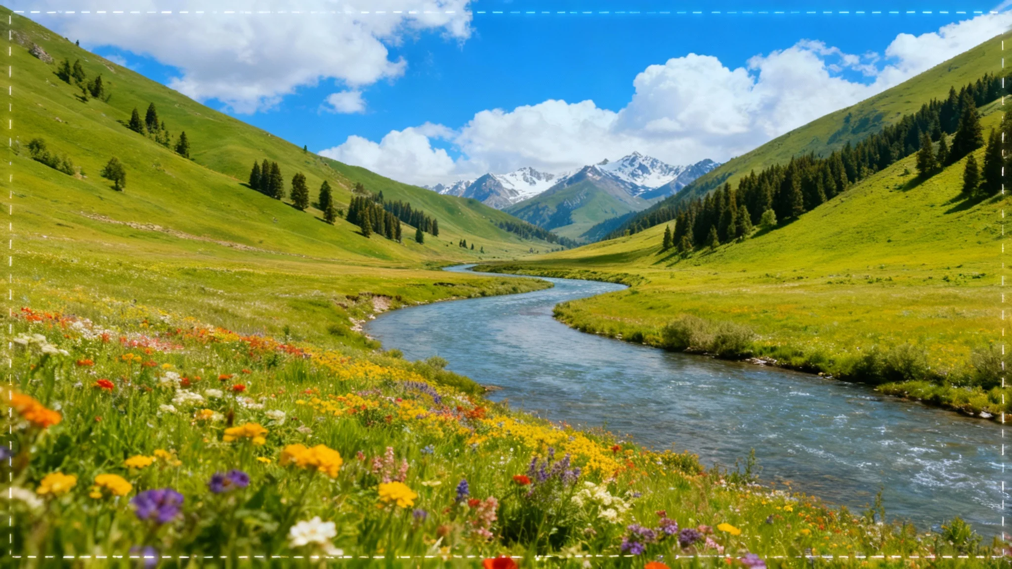 A hero image demonstrating an AI image expander tool, showing a beautiful landscape photo that has been extended on both sides to create a wider, panoramic view. Dashed lines indicate the original image's borders.