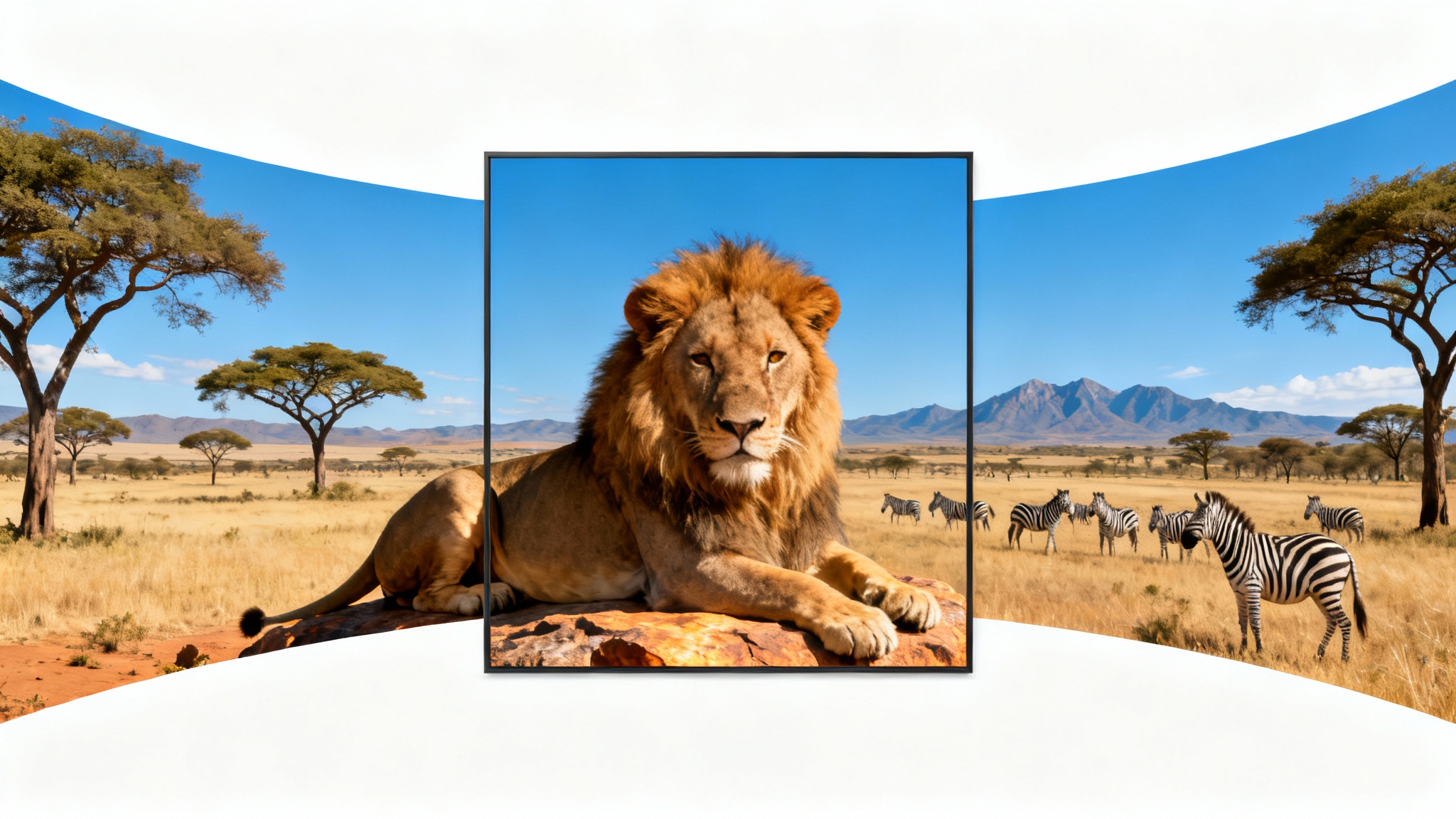 A photorealistic mockup illustrating an image expander tool. A central close-up of a lion's face is seamlessly expanded to show its full body on a rock and a vast savanna background.