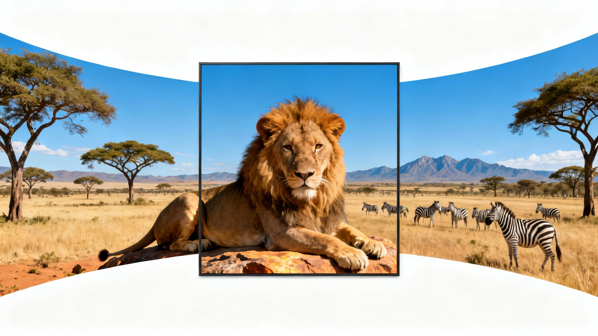 A photorealistic mockup illustrating an image expander tool. A central close-up of a lion's face is seamlessly expanded to show its full body on a rock and a vast savanna background.