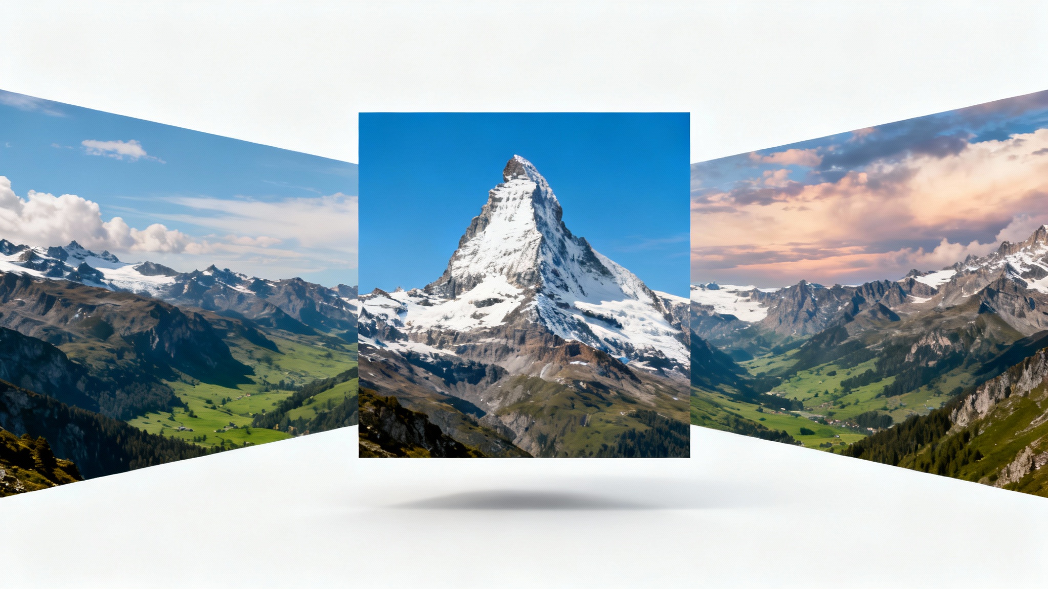 A visual metaphor for an image expander, showing a central square photo of a mountain that is seamlessly expanded outwards into a wider panoramic landscape, all on a white background.