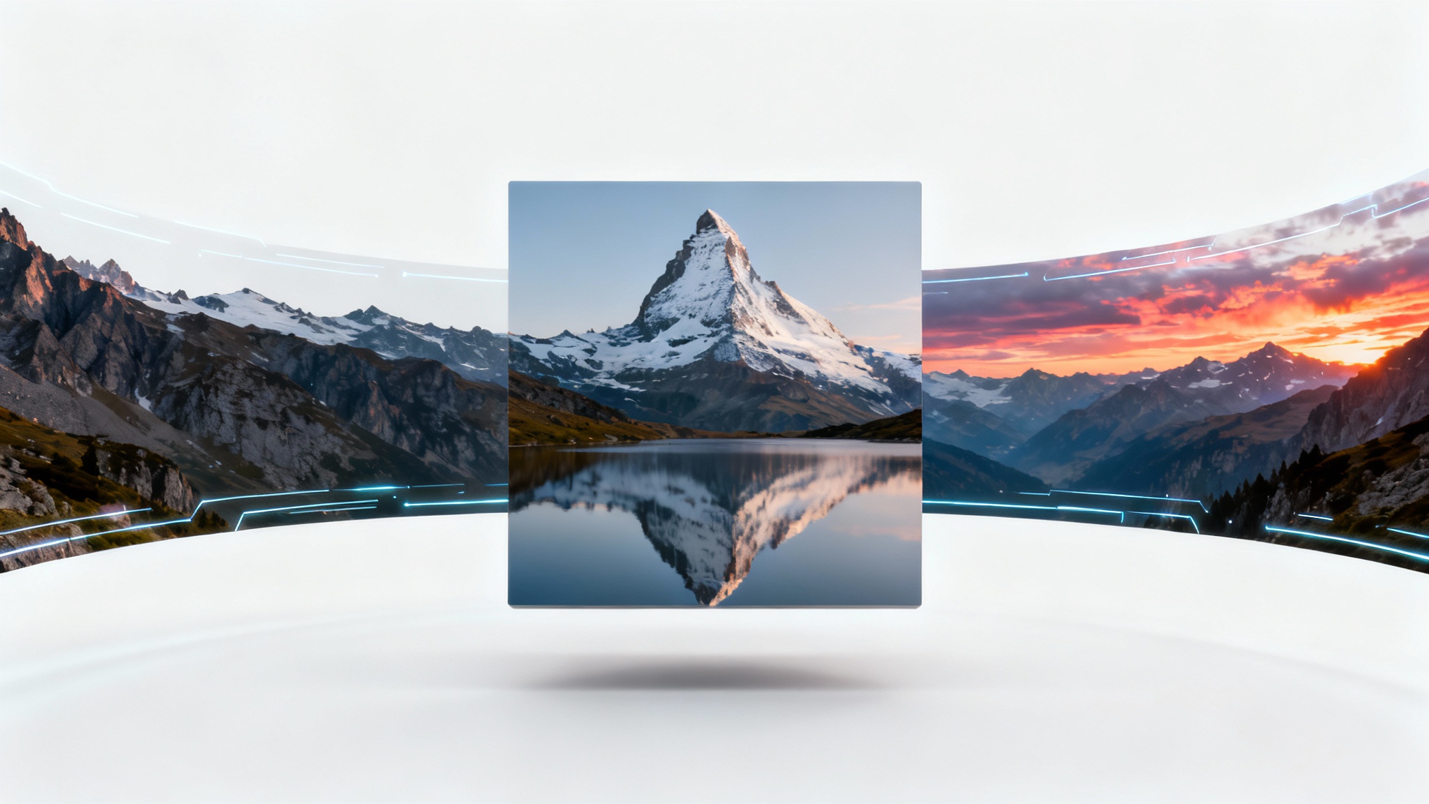 A visual representation of an image expander tool, showing a central photo of a mountain and lake being seamlessly expanded outwards to reveal a wider panoramic landscape, set against a white background.