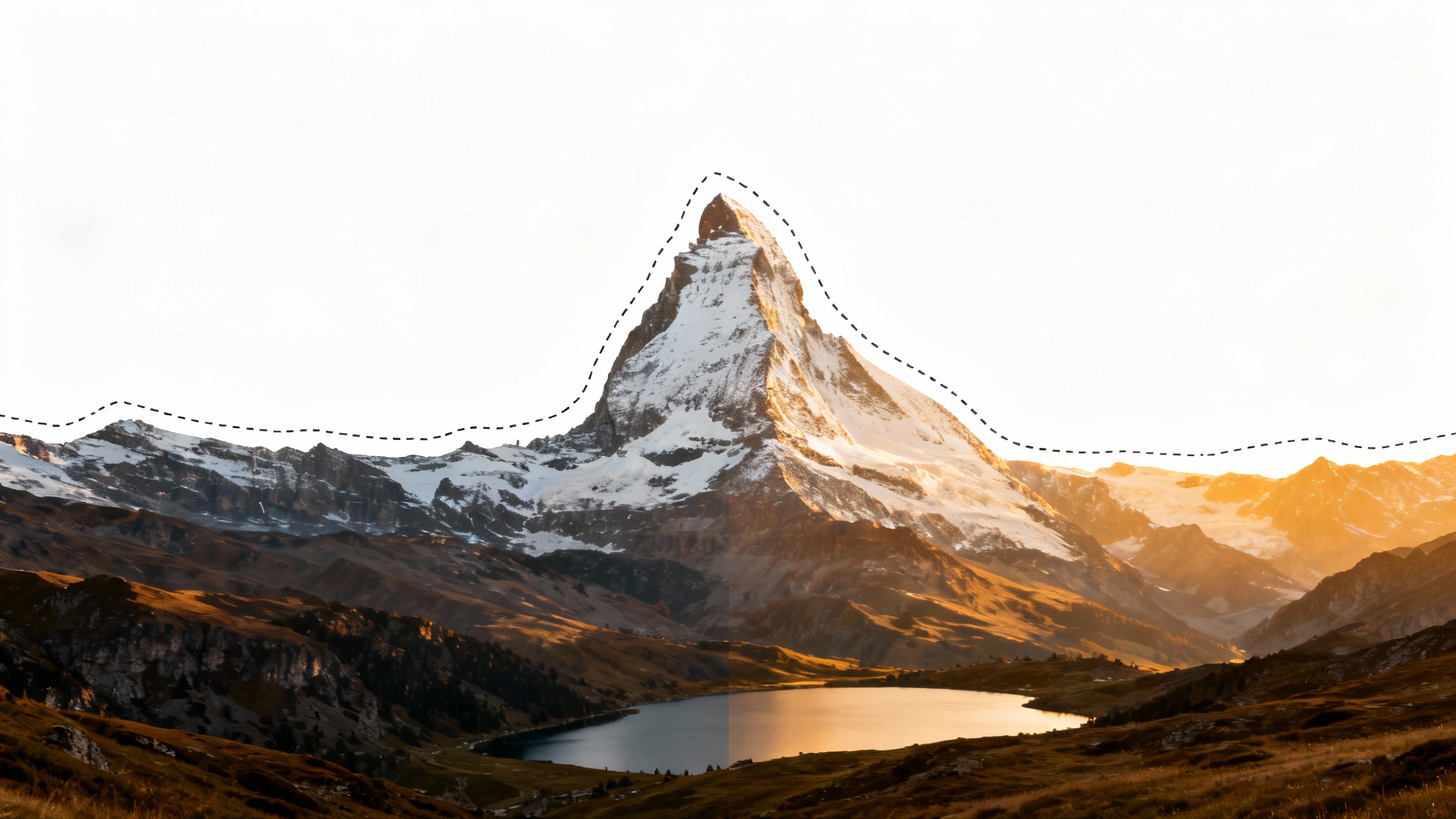 A visual representation of an image expander tool, showing a central portrait image of a mountain peak being expanded into a full landscape view of the entire mountain range and a lake.