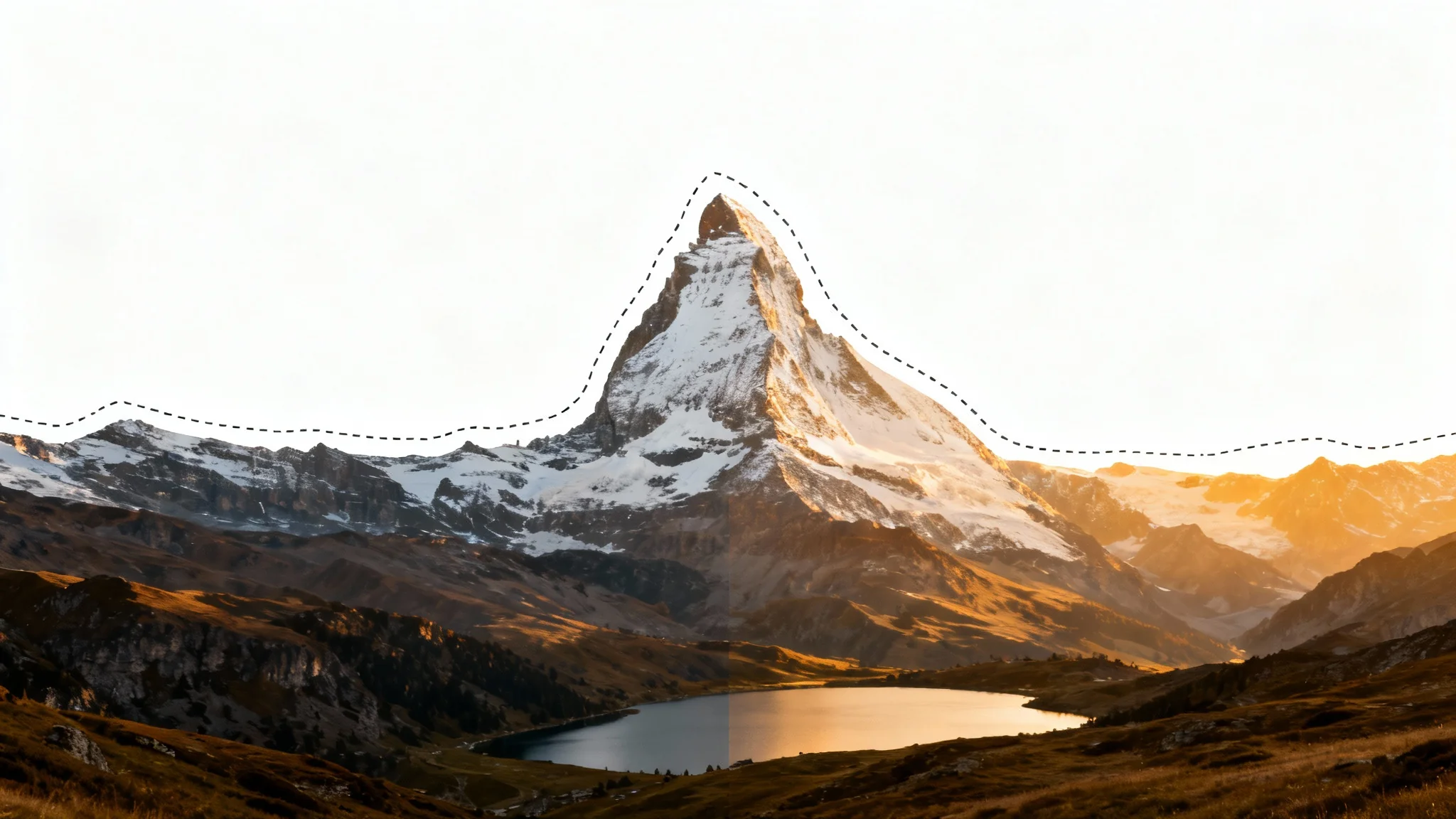 A visual representation of an image expander tool, showing a central portrait image of a mountain peak being expanded into a full landscape view of the entire mountain range and a lake.