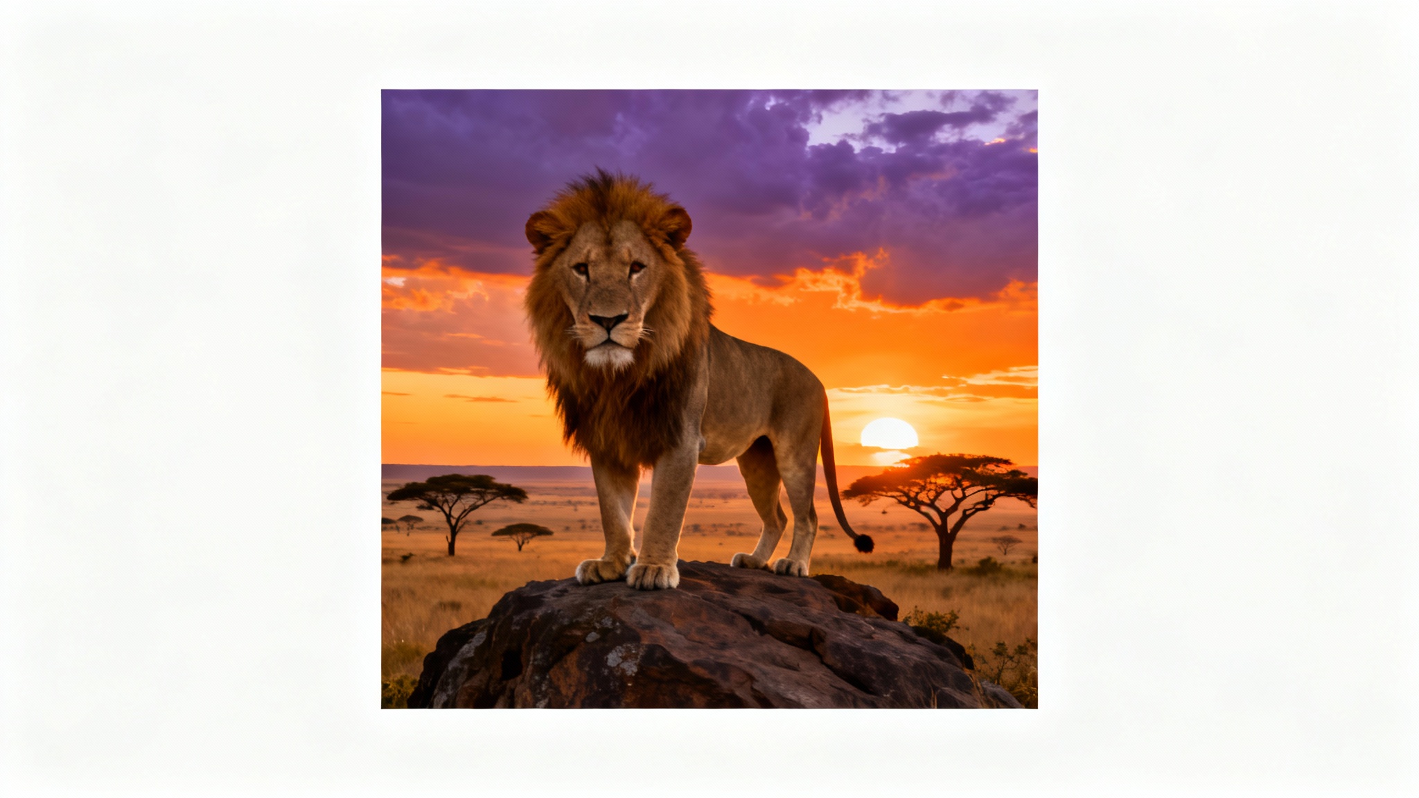 A demonstration of an image expander: a close-up photo of a lion's head is expanded to reveal the lion's full body standing on a rock in the savanna at sunset.