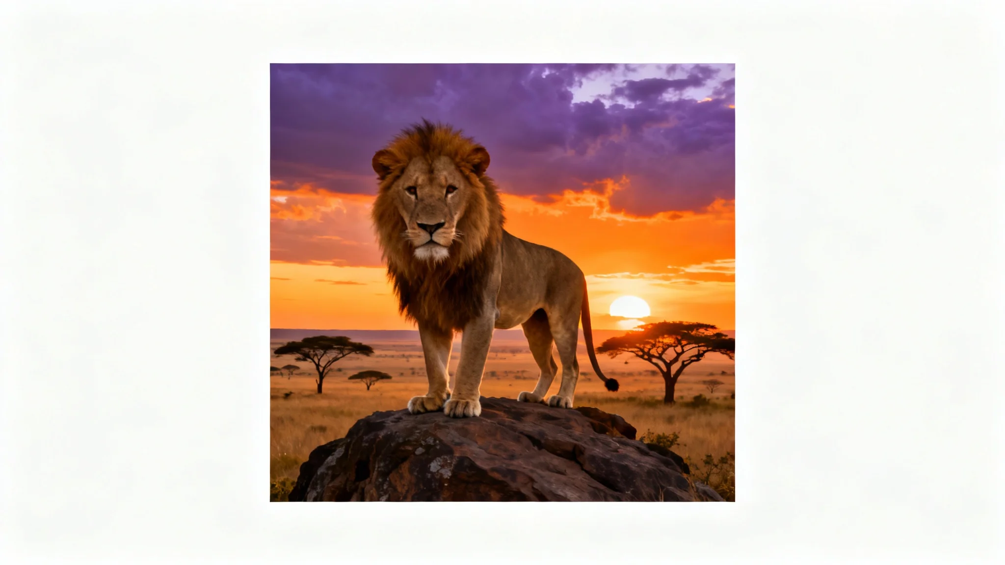 A demonstration of an image expander: a close-up photo of a lion's head is expanded to reveal the lion's full body standing on a rock in the savanna at sunset.