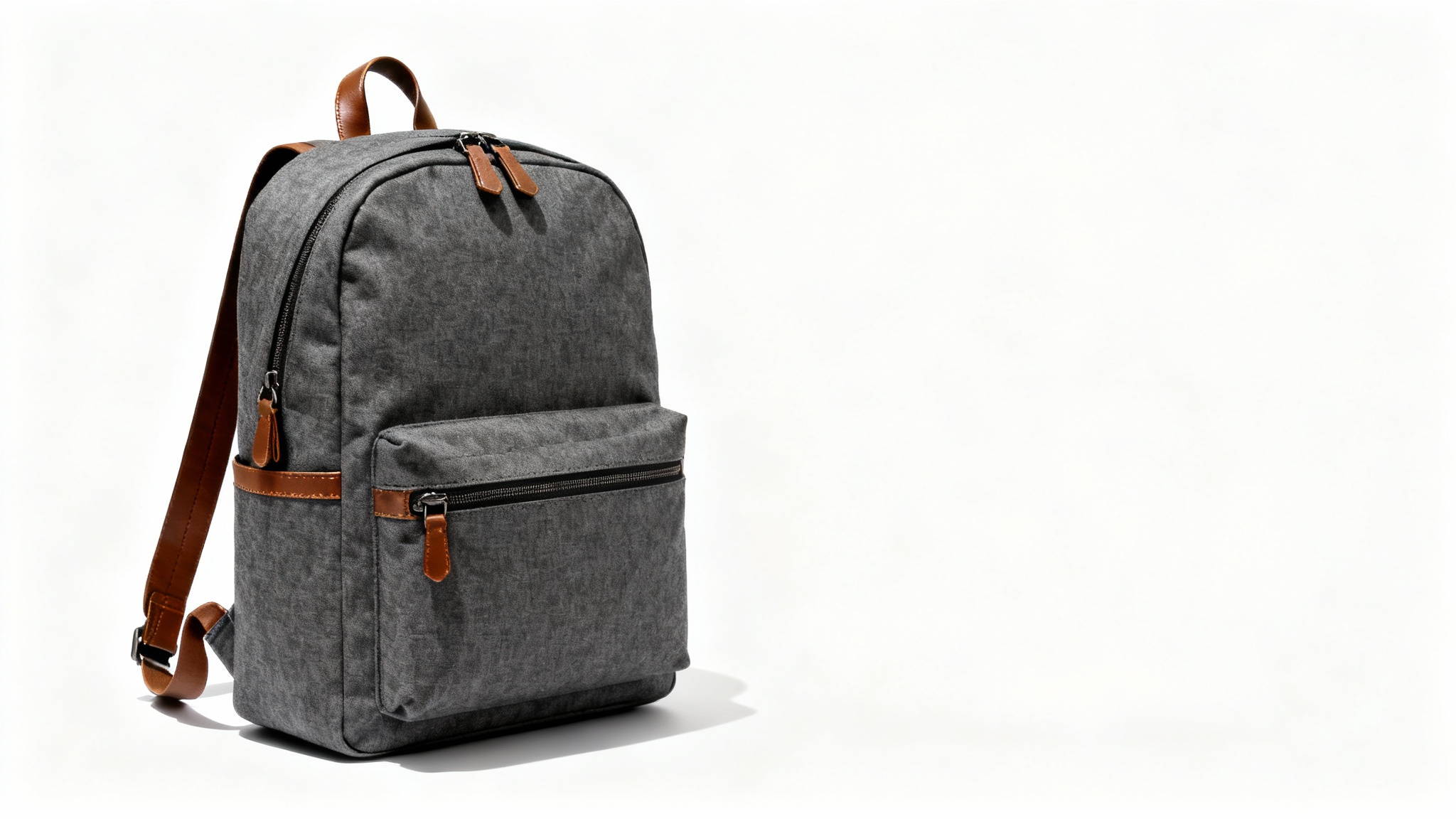 A modern charcoal-gray backpack with brown leather details, professionally photographed against a solid white background.