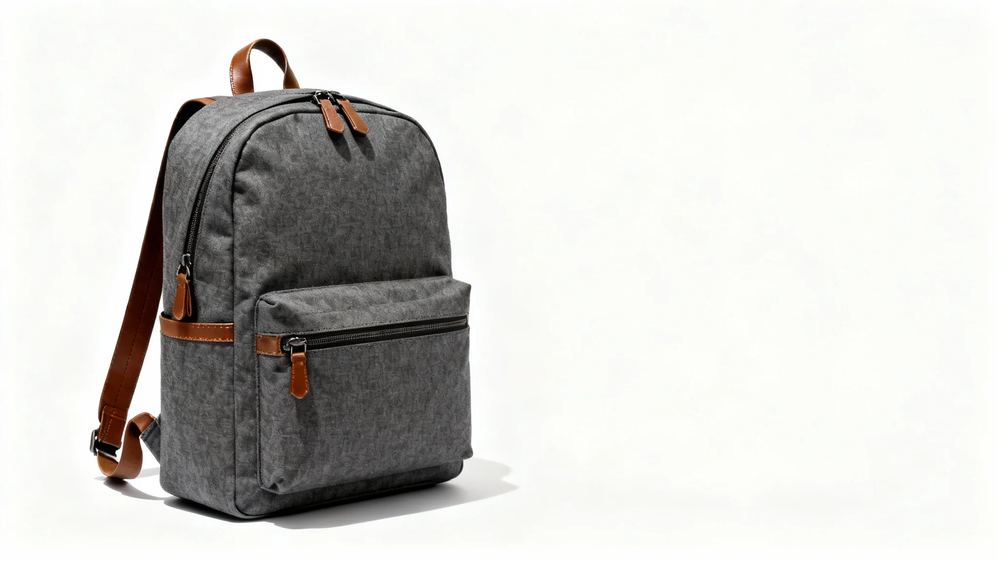 A modern charcoal-gray backpack with brown leather details, professionally photographed against a solid white background.