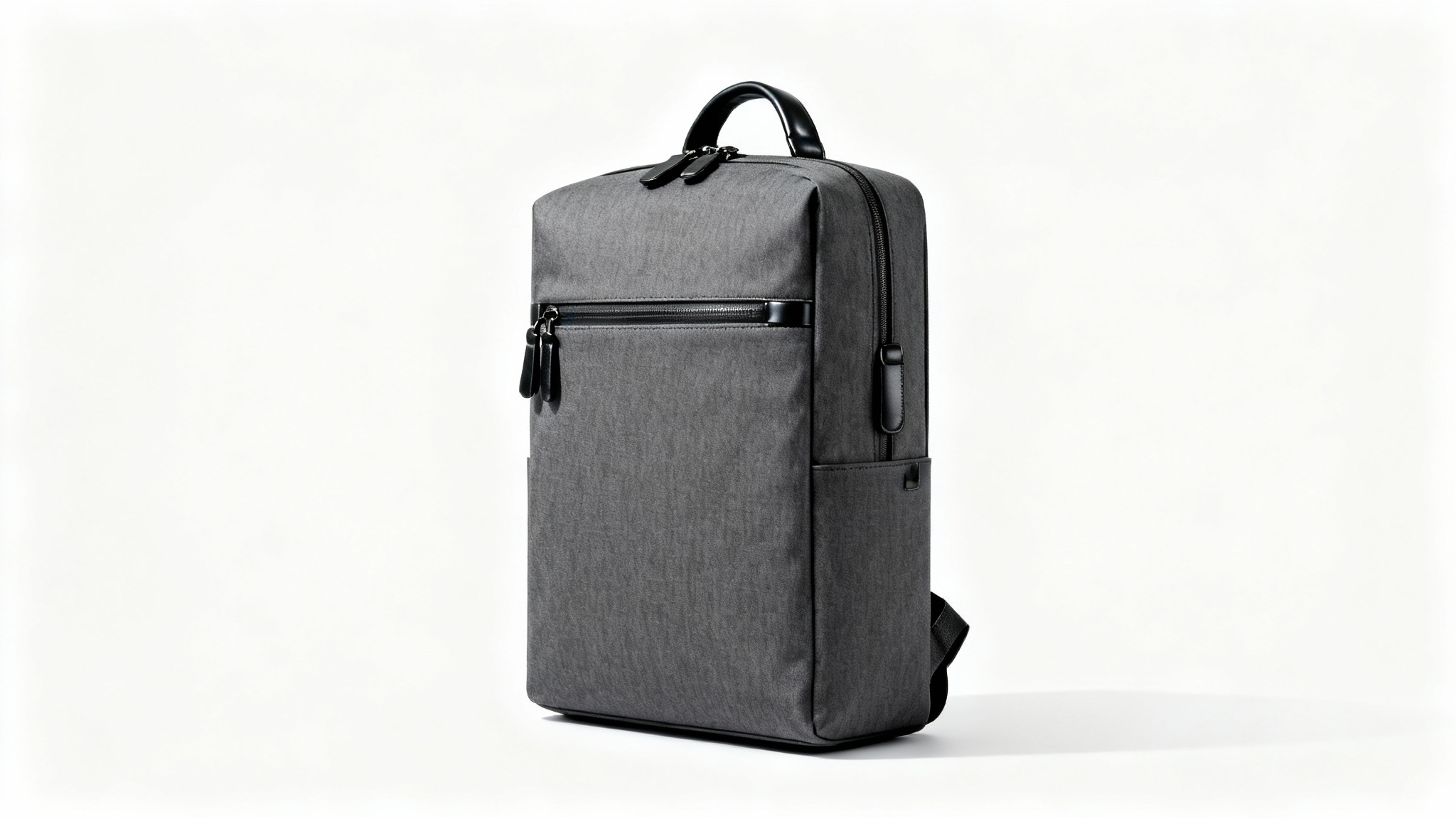 A modern, minimalist charcoal gray backpack with black leather accents, professionally photographed against a solid white background.