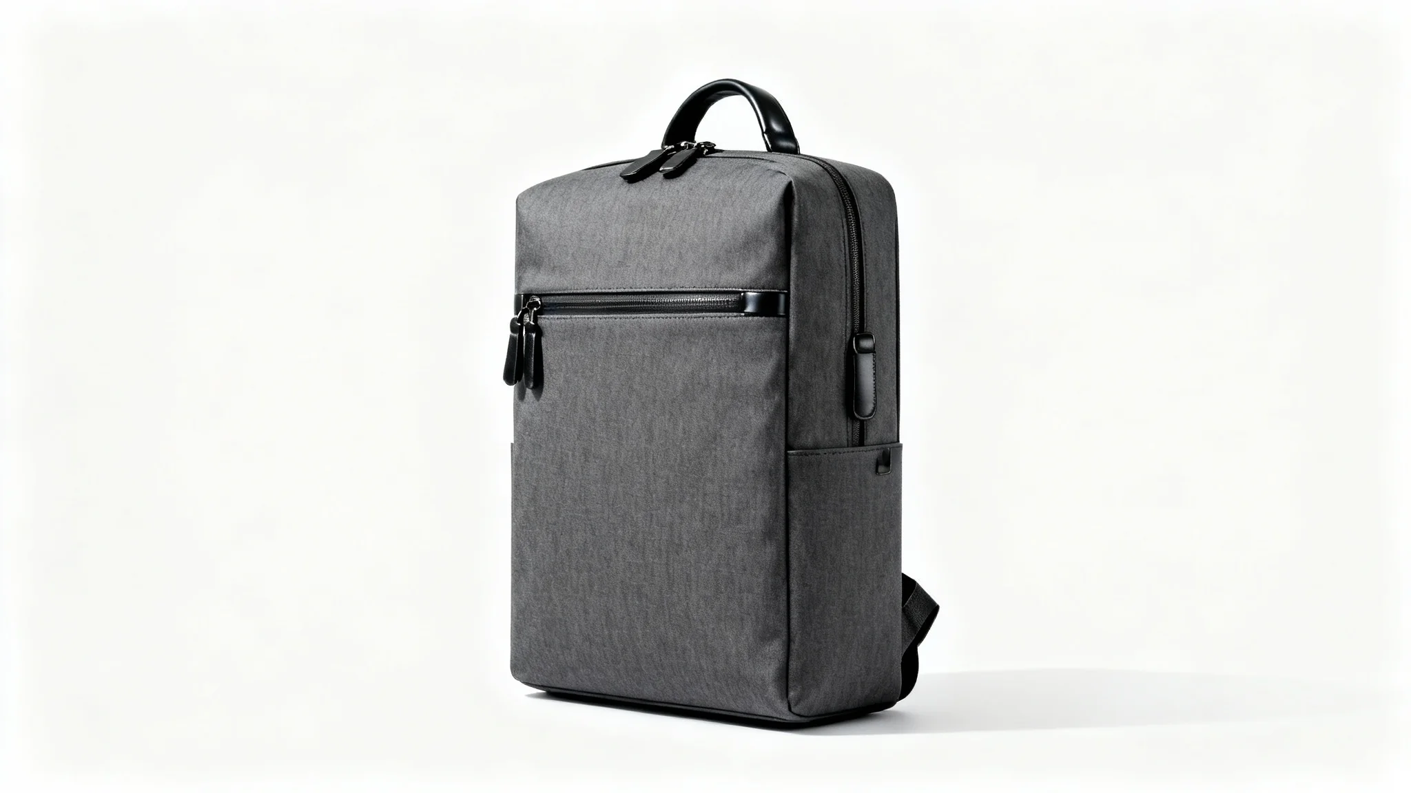 A modern, minimalist charcoal gray backpack with black leather accents, professionally photographed against a solid white background.