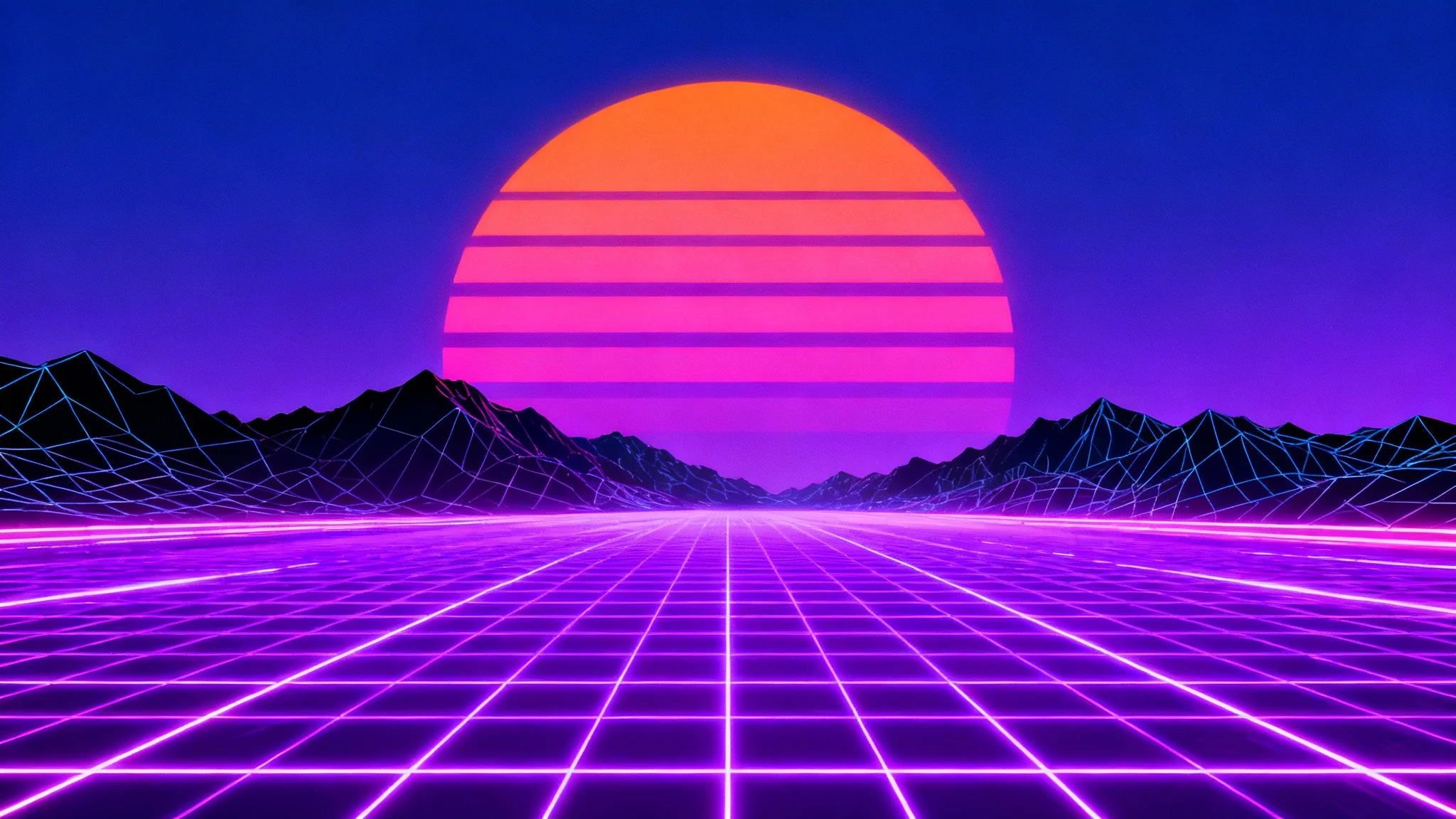 A vibrant retro arcade background in the synthwave style, featuring a glowing purple and pink neon grid floor leading to distant mountains under a striped setting sun.