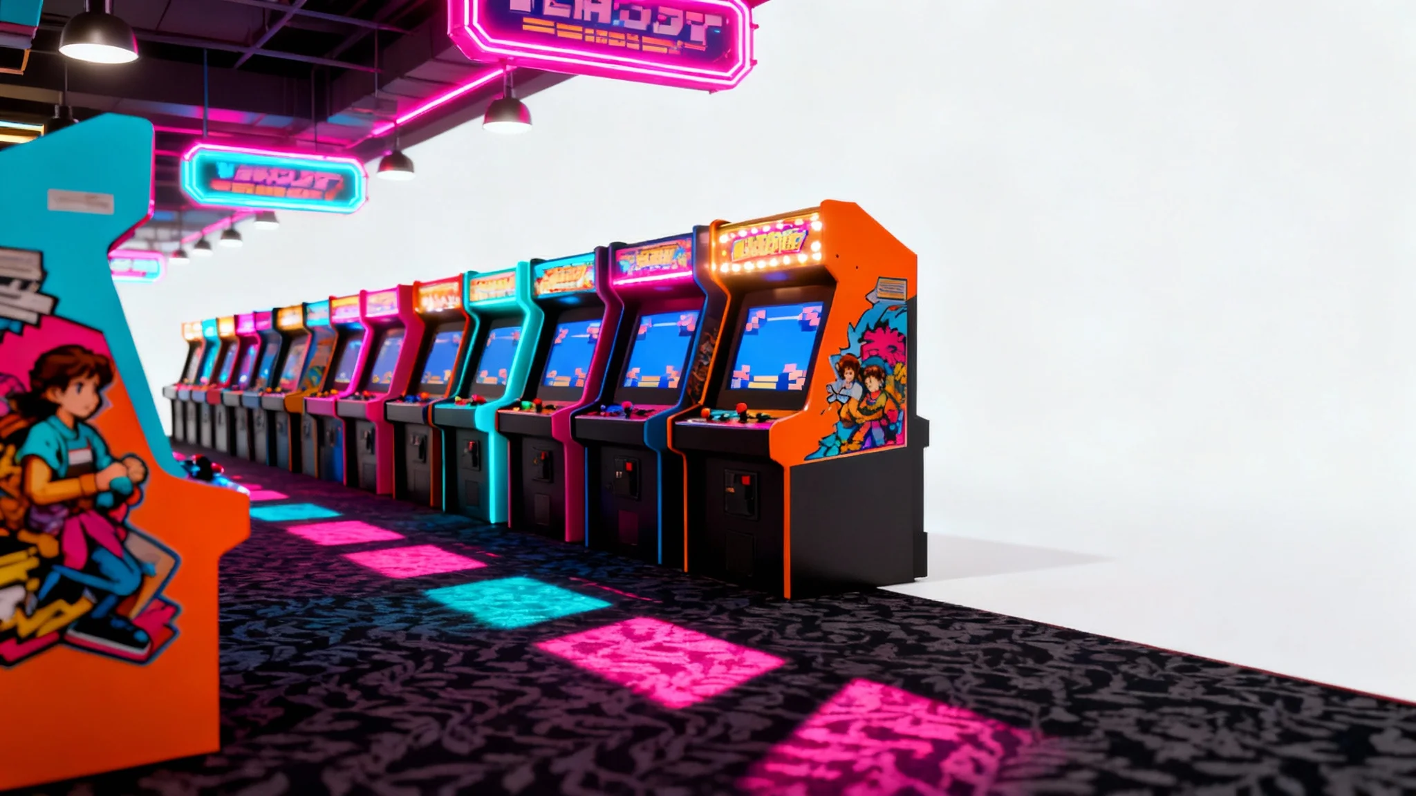 A row of glowing retro arcade game machines in a dark, neon-lit room, representing a classic arcade background.