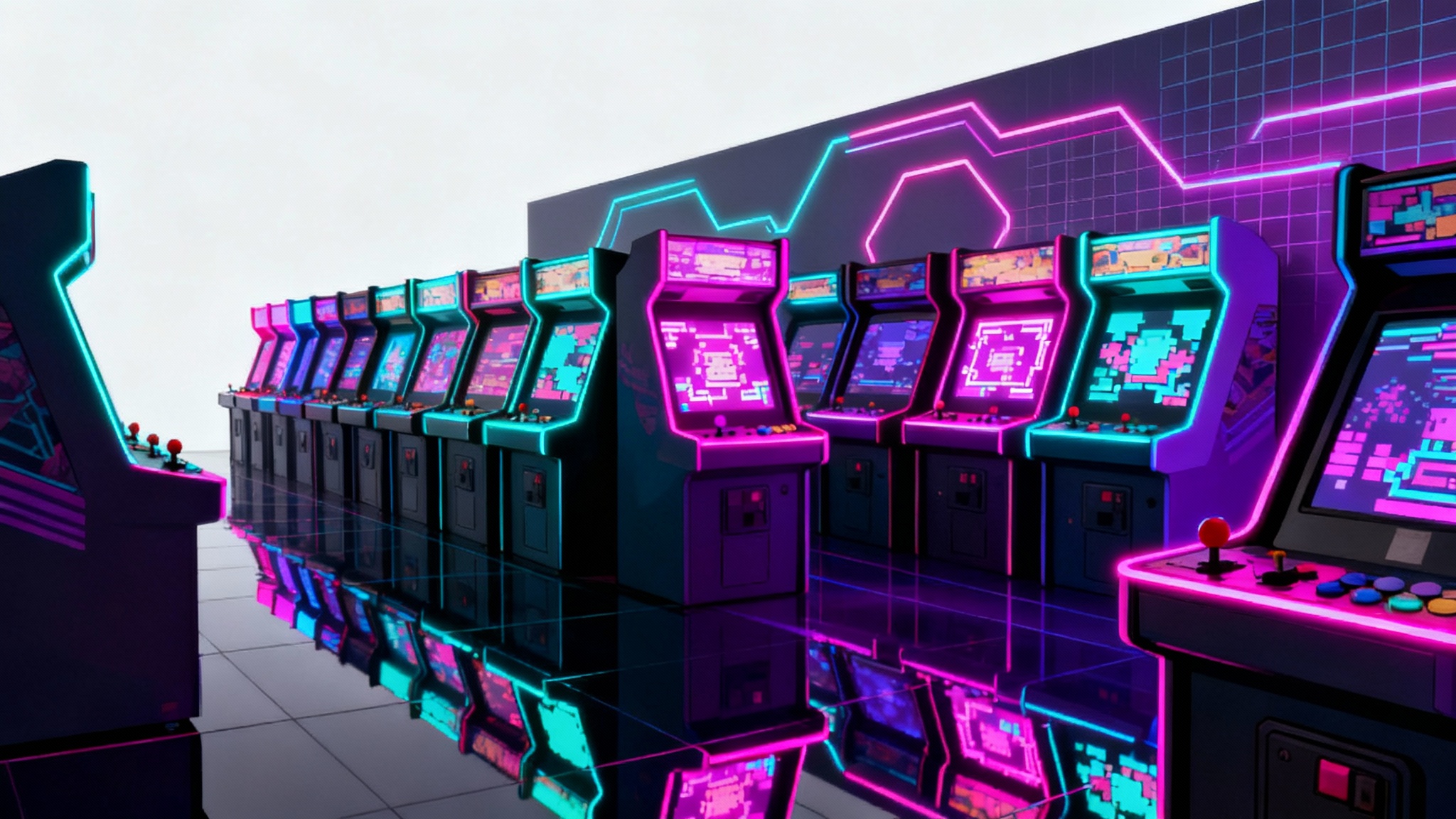 A vibrant digital illustration of a retro arcade background, featuring rows of glowing arcade machines in a dark room lit by bright pink and blue neon lights, capturing an 80s synthwave aesthetic.