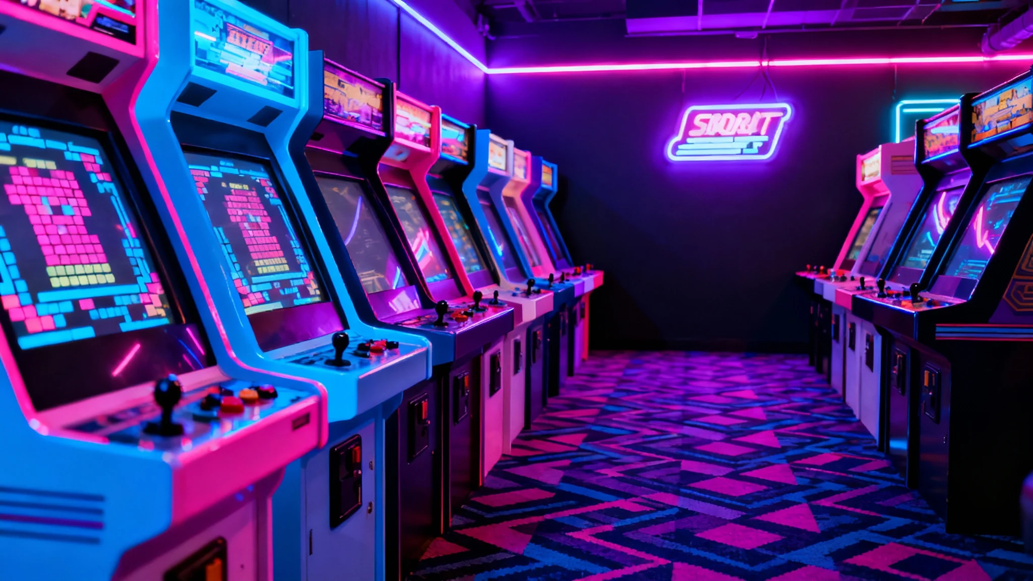 A colorful, neon-lit retro arcade background featuring rows of classic 80s arcade game machines, capturing a nostalgic and energetic atmosphere.