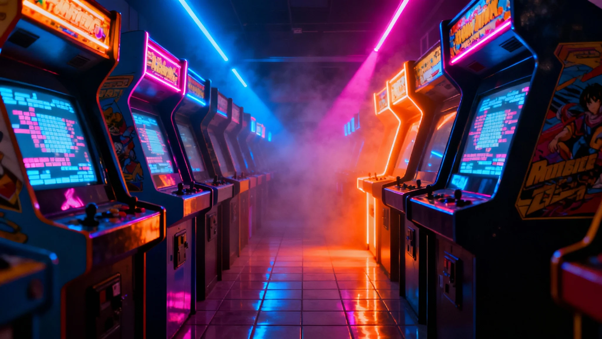 An atmospheric shot of a dark, empty retro arcade hall, with rows of vintage arcade machines glowing brightly with neon pink, blue, and orange lights.