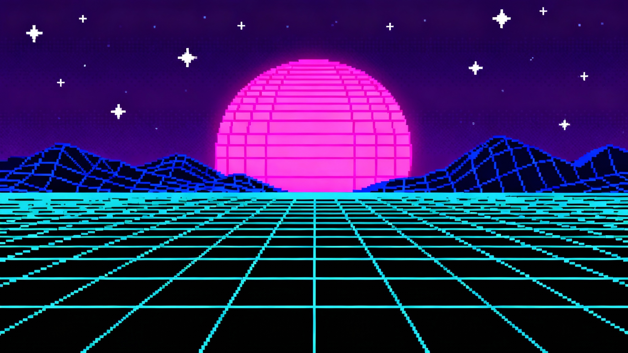 A pixel art background of a retro-futuristic landscape, featuring a neon grid floor, wireframe mountains, and a glowing pink sun setting against a purple sky, in a synthwave style.