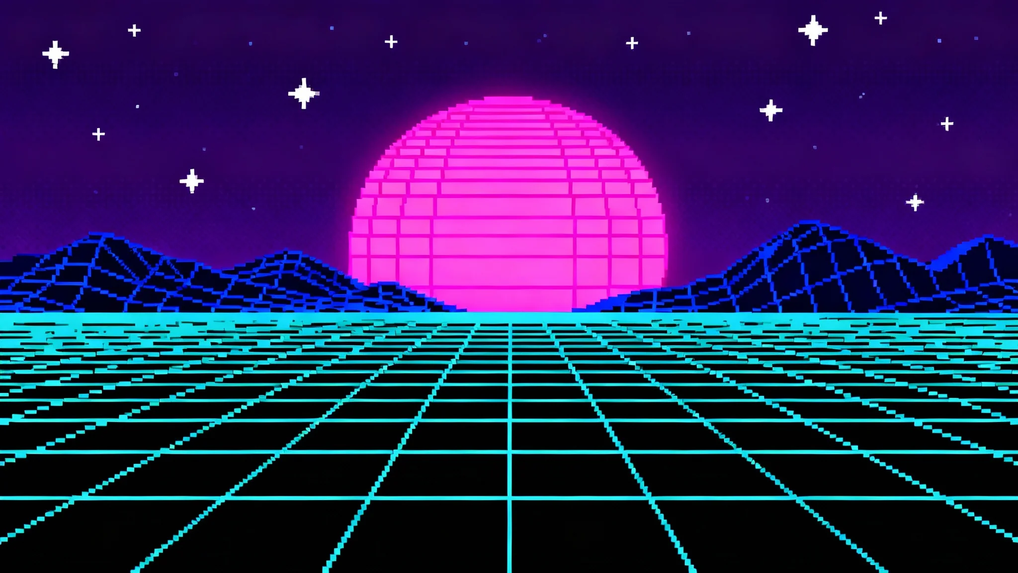 A pixel art background of a retro-futuristic landscape, featuring a neon grid floor, wireframe mountains, and a glowing pink sun setting against a purple sky, in a synthwave style.
