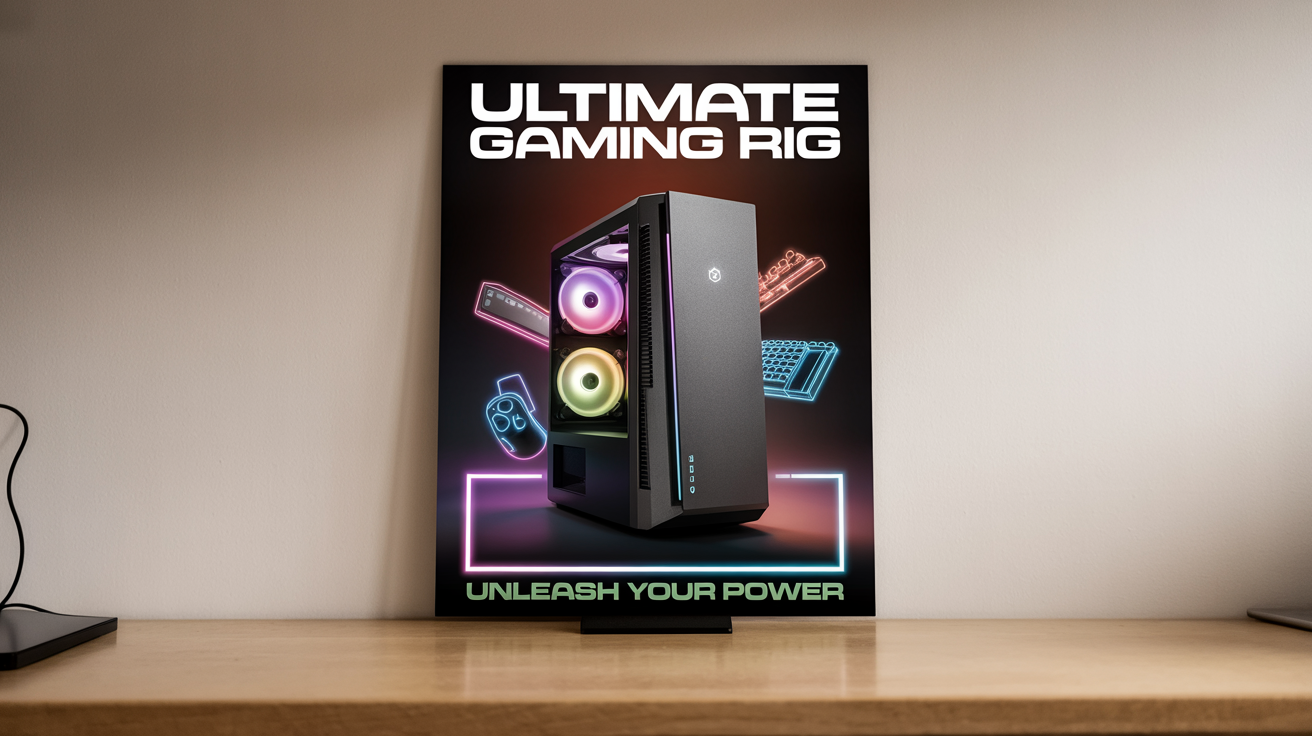 A futuristic gaming PC poster with a sleek computer tower in the center, glowing with RGB lights against a dark purple and black background. The poster includes the text 'ULTIMATE GAMING RIG' at the top and 'Unleash Your Power' at the bottom, framed by a neon blue border.
