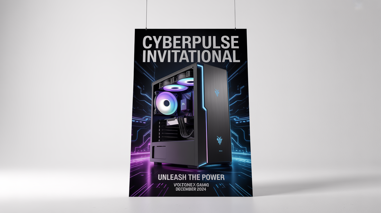A mockup of a futuristic gaming PC poster advertising the 'Cyberpulse Invitational' event, featuring a glowing PC tower and the tagline 'Unleash the Power', all set against a clean white background.