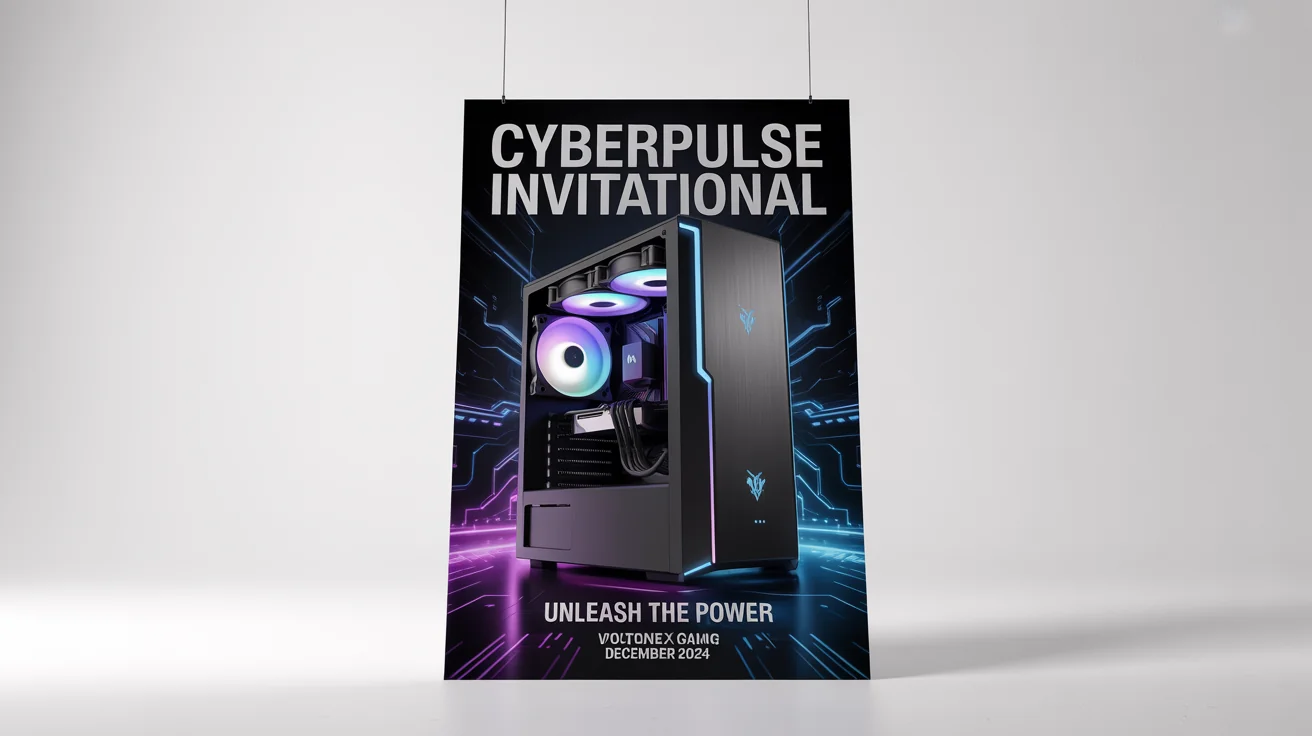 A mockup of a futuristic gaming PC poster advertising the 'Cyberpulse Invitational' event, featuring a glowing PC tower and the tagline 'Unleash the Power', all set against a clean white background.