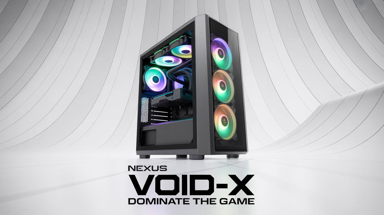 A poster for a 'NEXUS VOID-X' gaming PC, featuring a sleek black computer with neon blue and magenta lights and the tagline 'DOMINATE THE GAME', displayed as a mockup on a white background.
