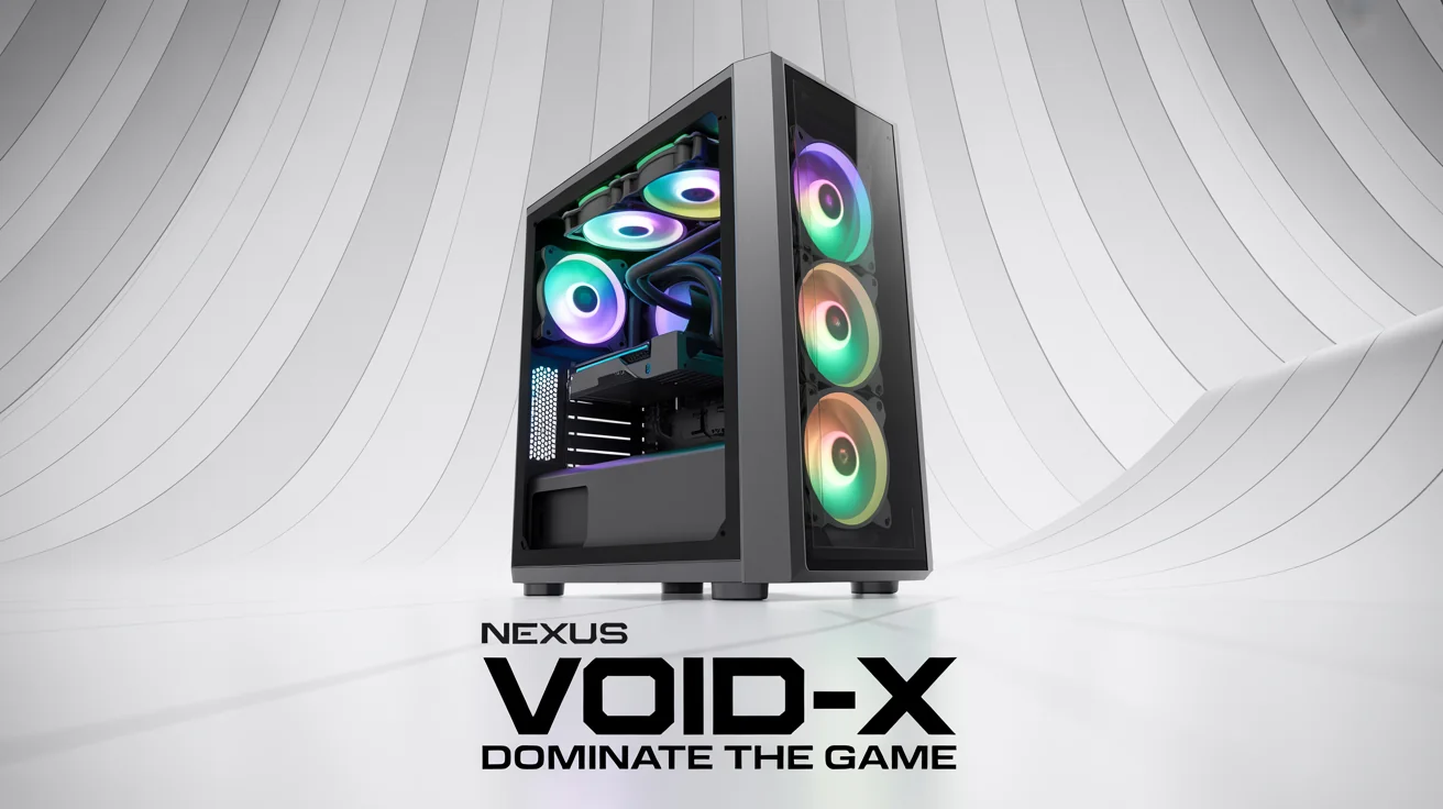 A poster for a 'NEXUS VOID-X' gaming PC, featuring a sleek black computer with neon blue and magenta lights and the tagline 'DOMINATE THE GAME', displayed as a mockup on a white background.