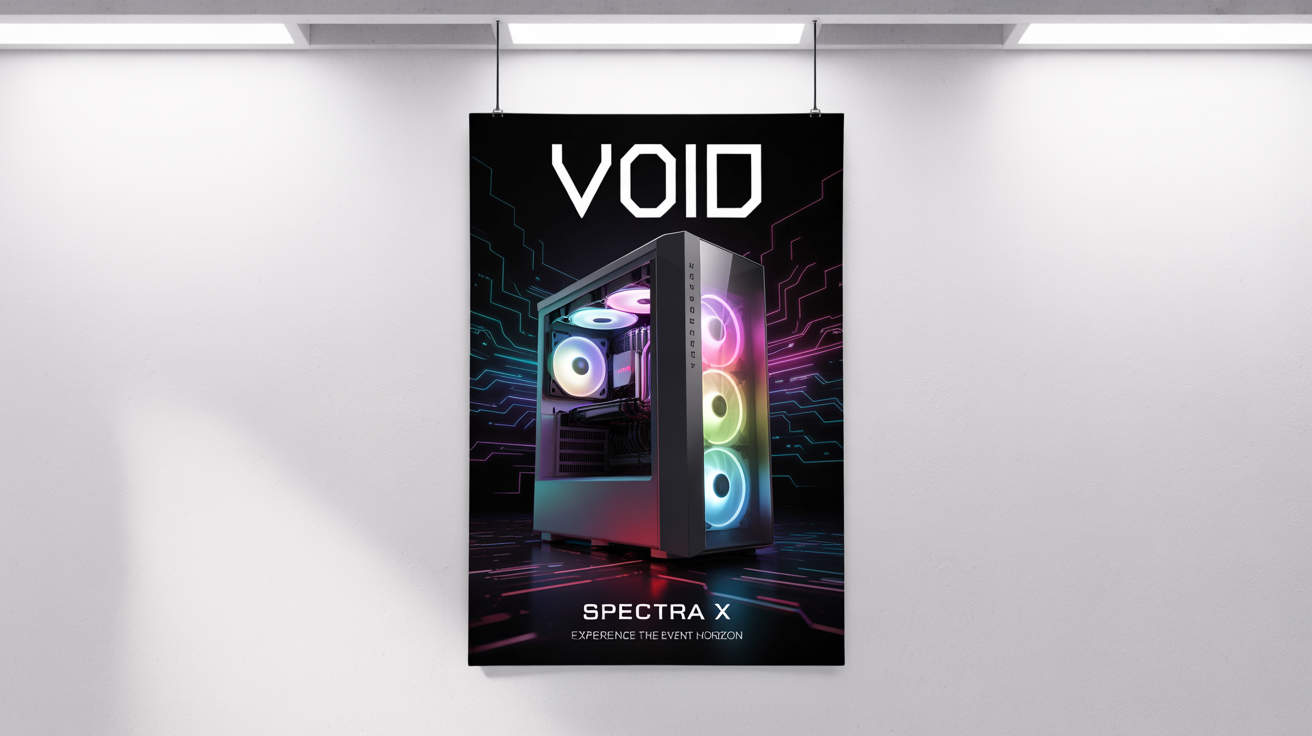 A professionally designed poster for a gaming PC named 'VOID SPECTRA X', featuring a glowing blue and pink computer tower on a futuristic background, all shown as a mockup on a white surface.